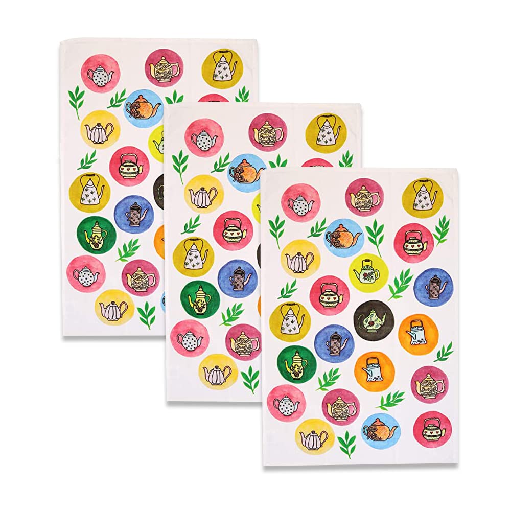 Printed Cotton Kitchen Towels Set of 3 - Super Absorbent & Soft for Dishes & Tea