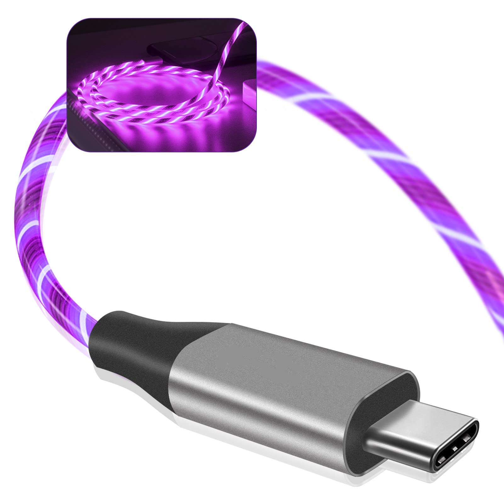 Fast Charging USB C Cable 6ft - 3A LED Light Up Type C Charger Cord for Samsung Galaxy S21/S20/S10/S9/S8/Note 20/10/9/8, LG G8 & More - Durable Purple Charging Cable for Home, Office & Travel