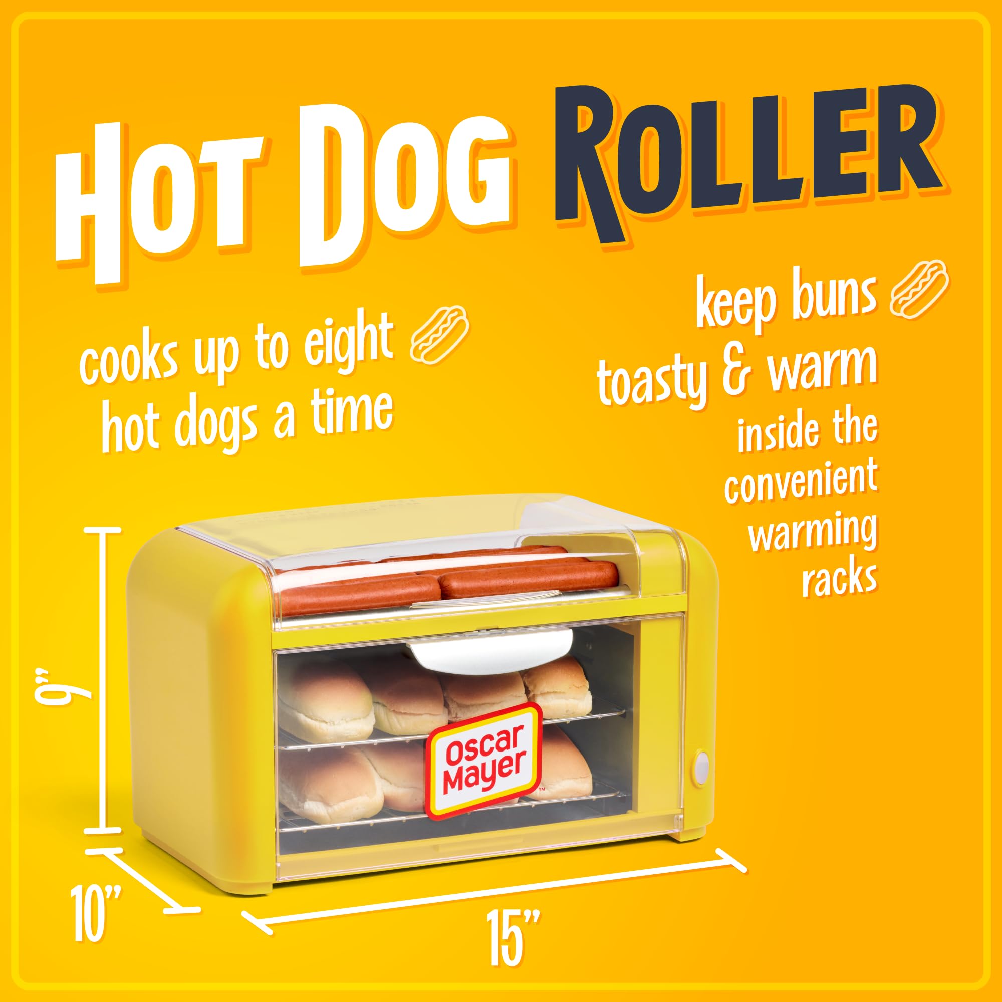 **Nostalgia Oscar Mayer Extra Large 8 Hot Dog Roller & Bun Toaster Oven - Stainless Steel Rollers, Non-Stick Warming Racks - Adjustable Timer - Perfect for Parties, Carnivals & Home Use**