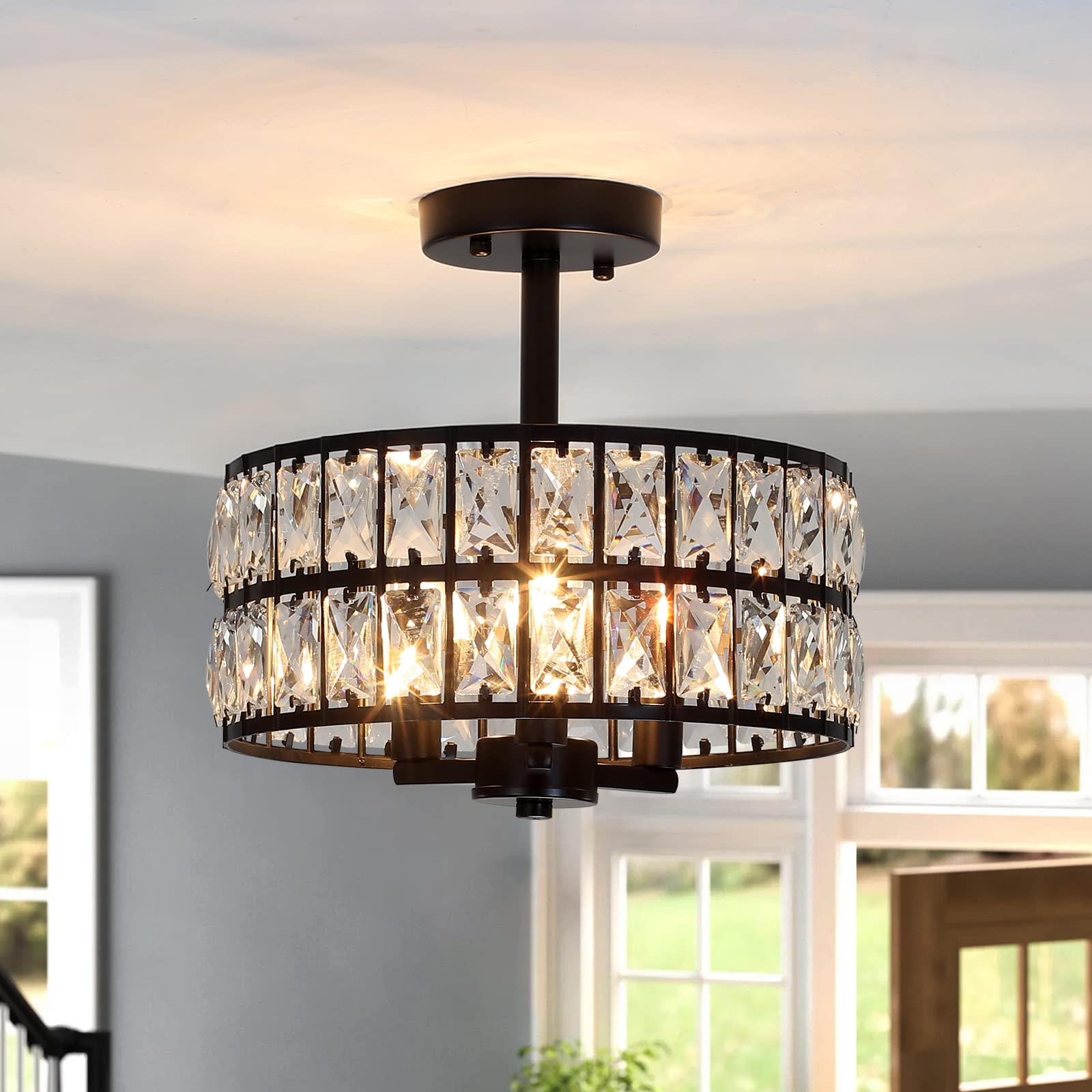 Modern Semi Flush Mount Crystal Chandelier - YCZHCC Metal Ceiling Light Fixture for Kitchen Island, Living Room, Dining Room, Entryway, Bedroom, Foyer & Staircase | Elegant Lighting for Home Decor & Interior Design