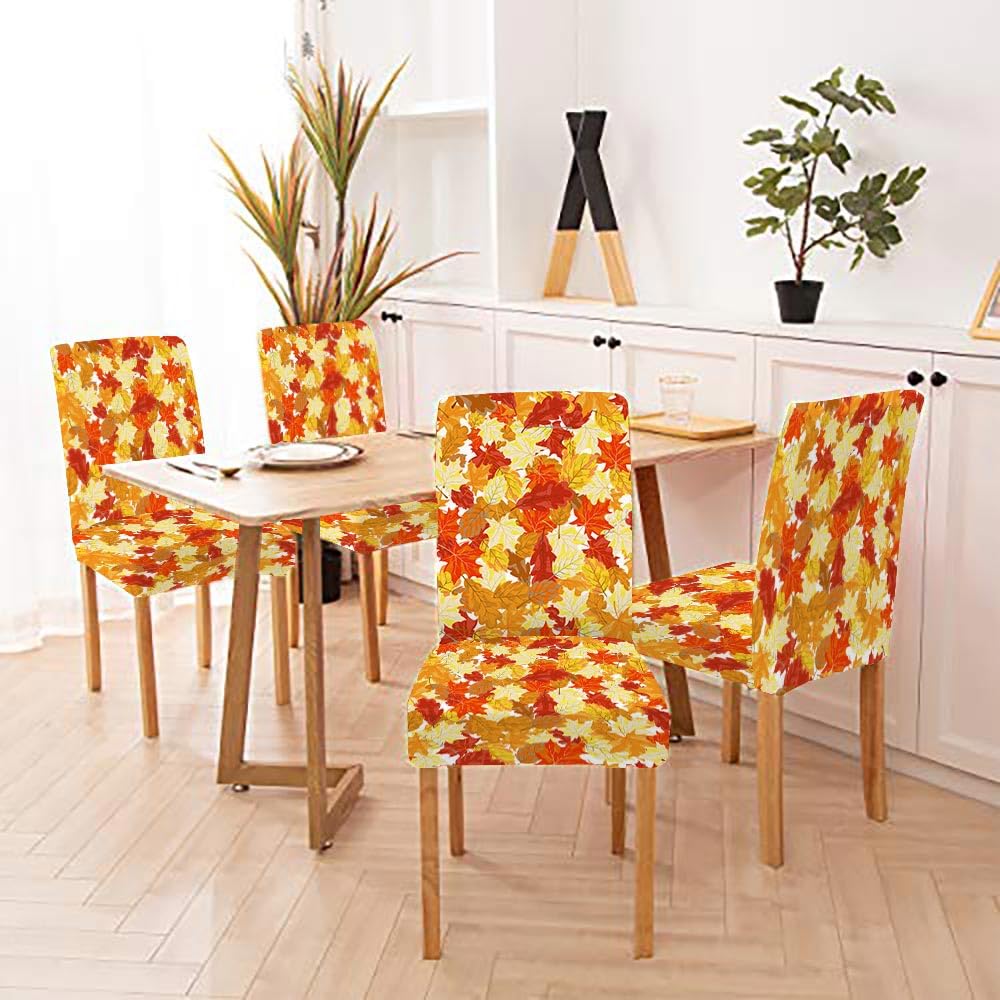 EMMTEEY Autumn Maple Leaves Chair Covers Set of 2 - Stretch Spandex for Dining & Living Rooms