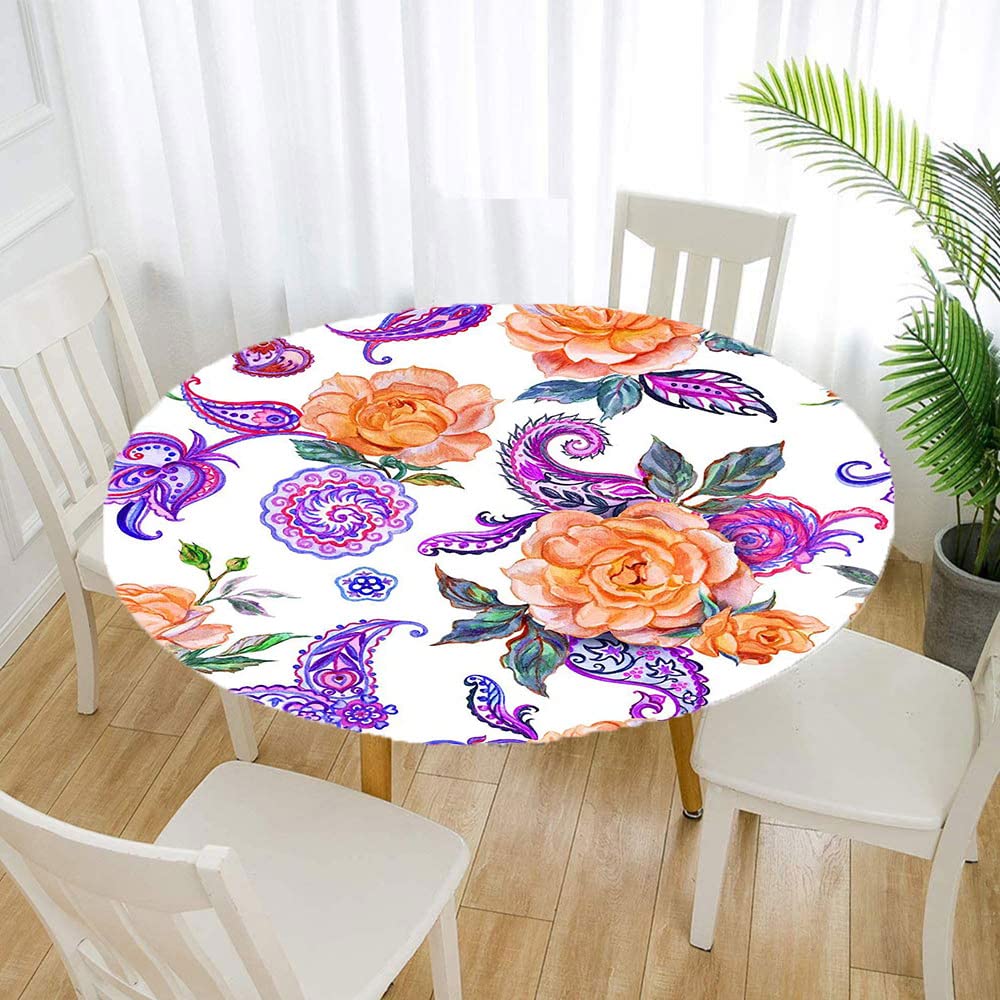 Elegant Paisley Round Tablecloth with Elastic Edge - 3D Printed Design for 32 Inch Dining Tables - Perfect for Buffet Parties, Camping & Outdoor Events - Washable & Wrinkle-Resistant Polyester Fabric