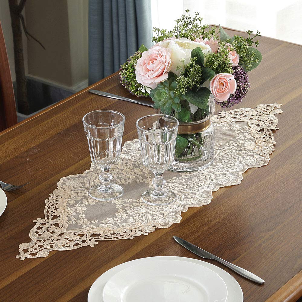 Vintage Shabby Chic Lace Macrame Embroidered Table Runner - Light Gold Rectangle Table Cover 12x36 Inch for Holiday Wedding Dinner Party Decor, Home Dining Table Centerpiece, Farmhouse Decorations