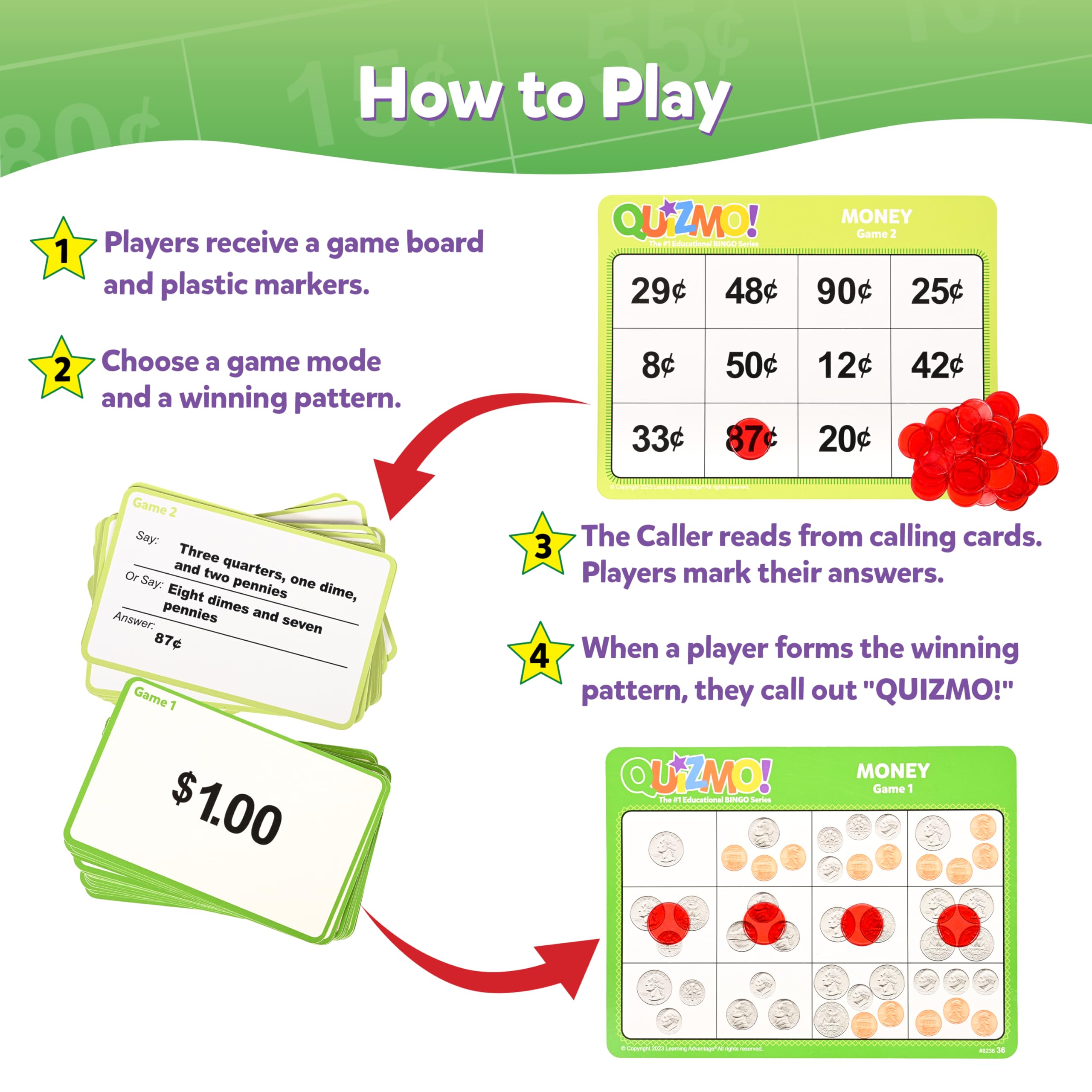 QUIZMO Money - Educational Bingo-Style Money Game for Kids Ages 7-12 - Learn Coin Recognition & Valuation with 2 Difficulty Levels - Perfect for Classroom Math Activities & Family Game Night