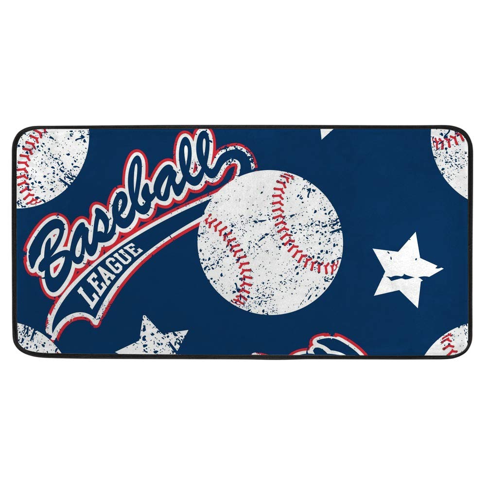 Kuizee Non-Slip Kitchen Rug - 39x20 Inch Water Absorbent Soft Mat for Bathroom, Hallway & Entryway - Baseball Stars Dark Blue Design for Boys Room Decor | Perfect for Kitchen Floor Protection & Kids Play Area