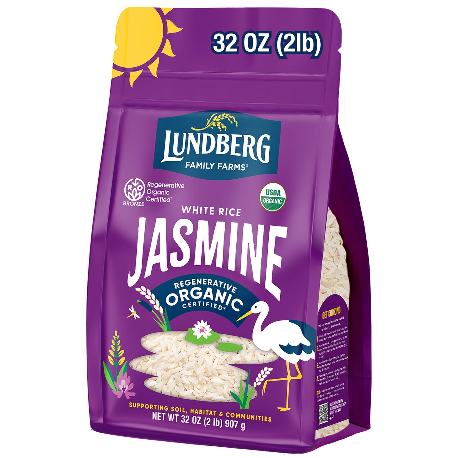 Lundberg Jasmine Rice - Organic Certified Long-Grain White Rice | Non-Sticky & Aromatic | 32 Oz | Responsibly Grown in California | Perfect for Asian Cuisine, Stir-Fries & Rice Bowls
