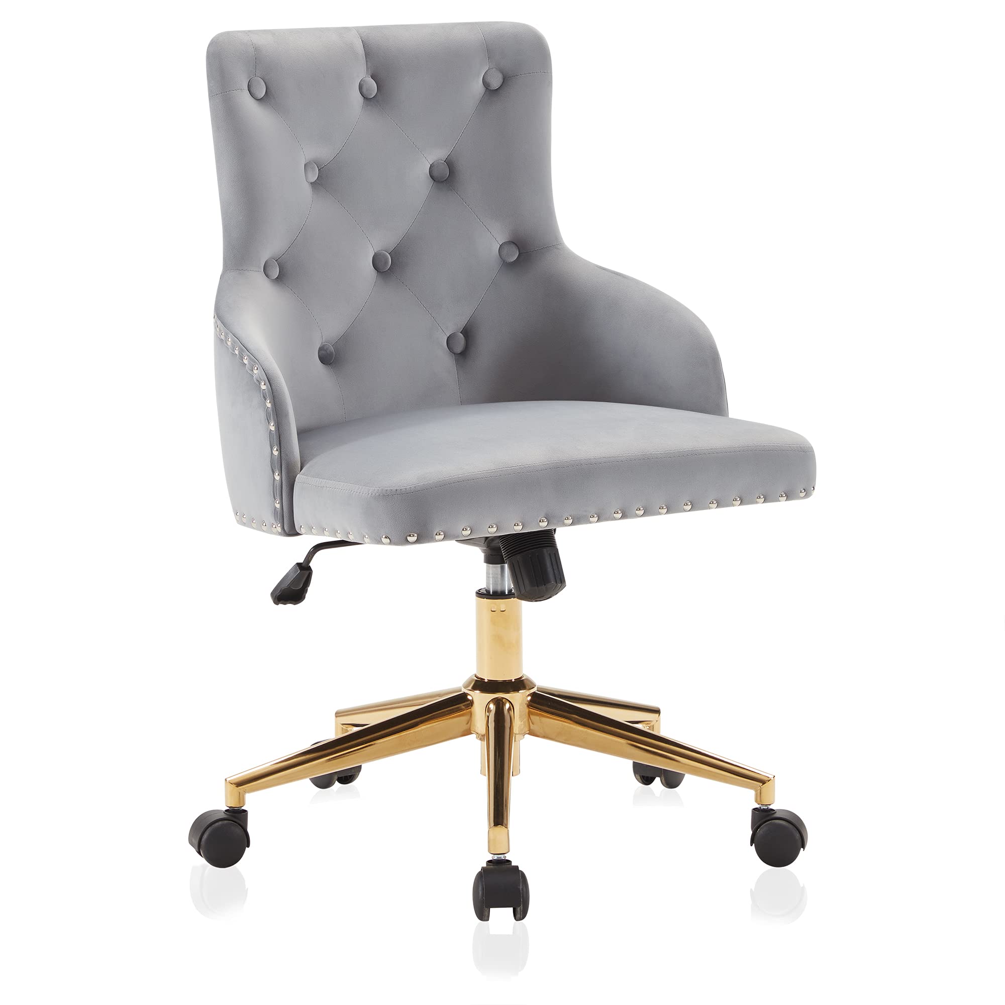 BELLEZE Modern Velvet Desk Chair - Adjustable Height Swivel Office Chair with Wheels, Tufted Upholstered Seat & Slim Arms for Home Office, Bedroom Vanity or Gaming Setup (Gray) - Ergonomic Computer Chair for Work & Study