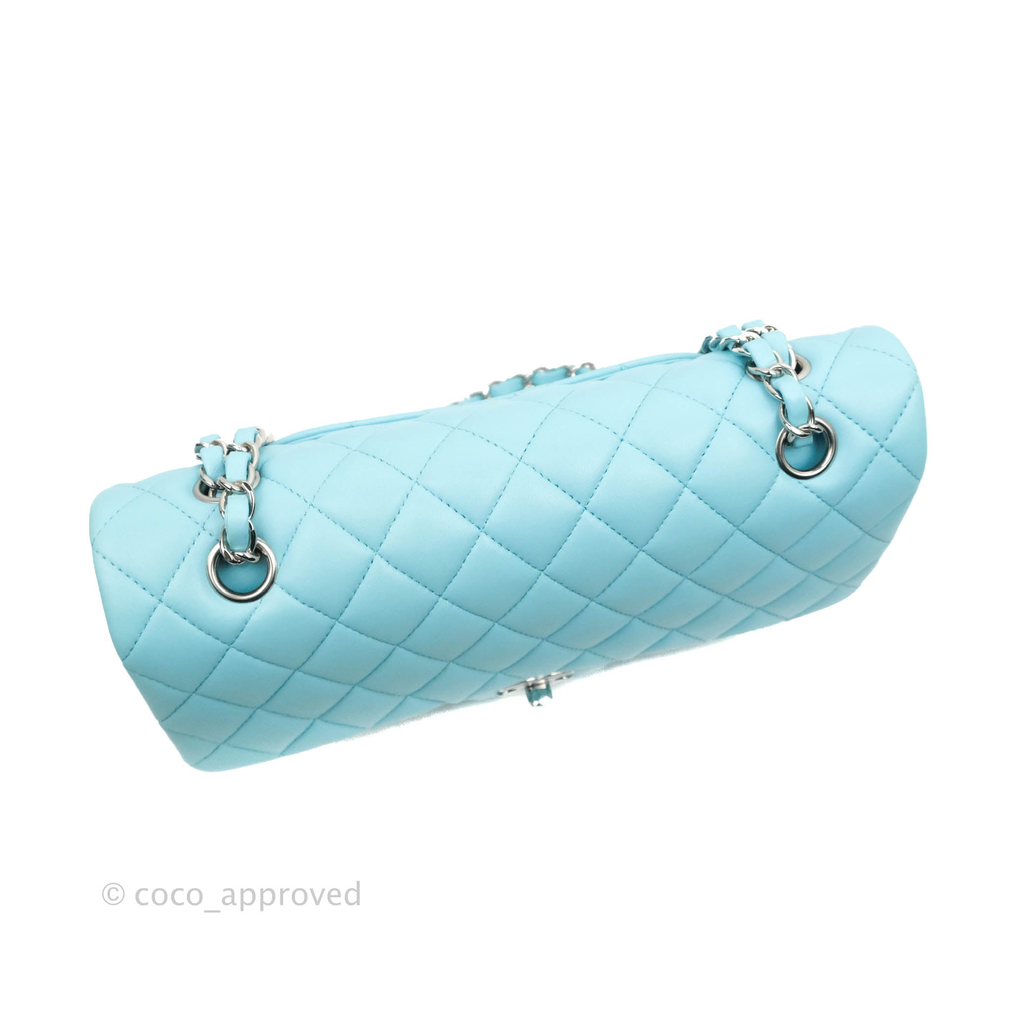 Chanel Classic Medium Double Flap Bag in Tiffany Neon Blue Lambskin with Silver Hardware 21S Collection - Perfect for Evening Events & Luxury Fashion Accessories