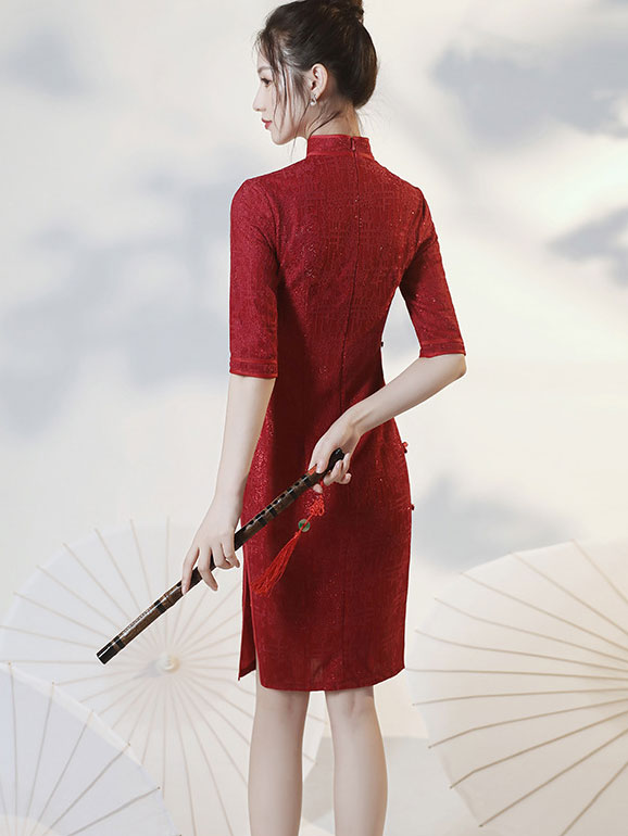 Elegant Burgundy Lace Midi Cheongsam Qipao Dress for Women | Vintage Chinese Traditional Dress | Perfect for Weddings, Parties & Special Occasions