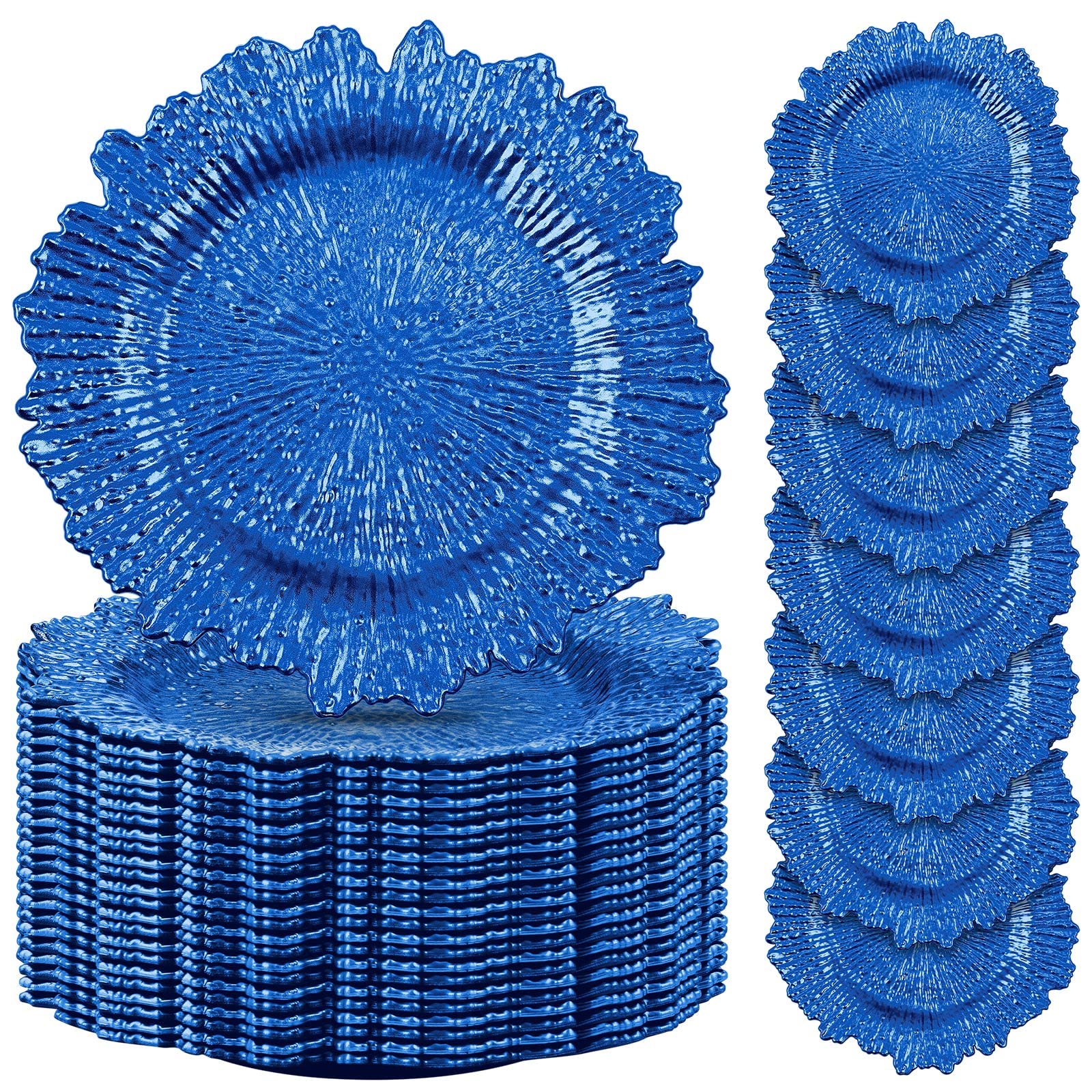 50 Pcs 13 Inch Plastic Charger Plates Bulk - Floral Reef Design with Ruffled Rim for Wedding, Party & Dinner Table Decor - Elegant Blue Charger Plates for Formal Events, Holiday Gatherings & Restaurant Settings