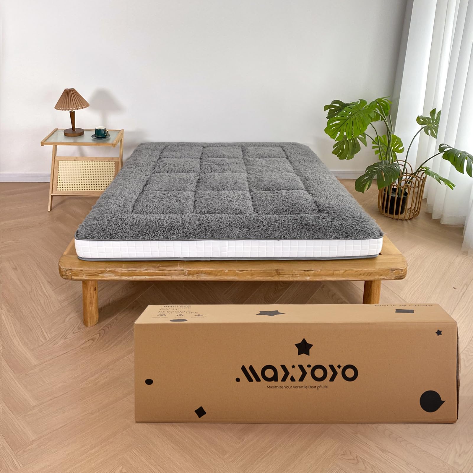 MAXYOYO 6 Inch Extra Thick Fluffy Floor Futon Mattress - Queen Size Plush Japanese Style Bed for Adults, Super Soft Portable Guest Mattress for RV, Home & Travel - Dark Grey | Perfect for Small Spaces, Sleepovers & Camping