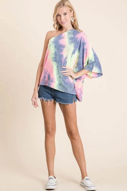 BiBi Tie Dye French Terry One Shoulder Dolman Top | Trendy Women's Casual Shirt | Perfect for Summer Outfits, Beach Wear & Music Festivals