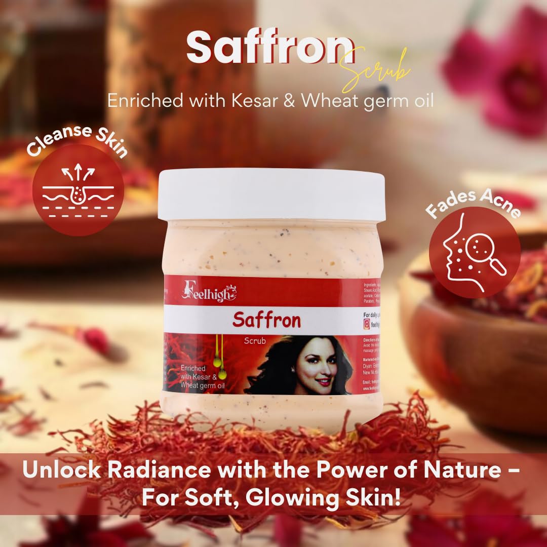 Feelhigh Charcoal & Saffron Face & Body Scrub (500ml) - Deep Cleansing Exfoliator for Glowing Skin | Organic Skincare for Acne, Blackheads & Dead Skin Removal | Perfect for Daily Facial & Body Care Routine