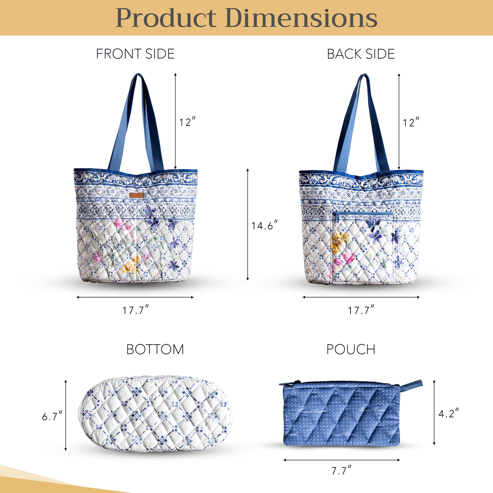 Maison d'Hermine Quilted Cotton Tote Bag with Zipper Pockets & Detachable Pouch - Stylish Work Bag, Travel Tote & Grocery Shopping Bag for Women
