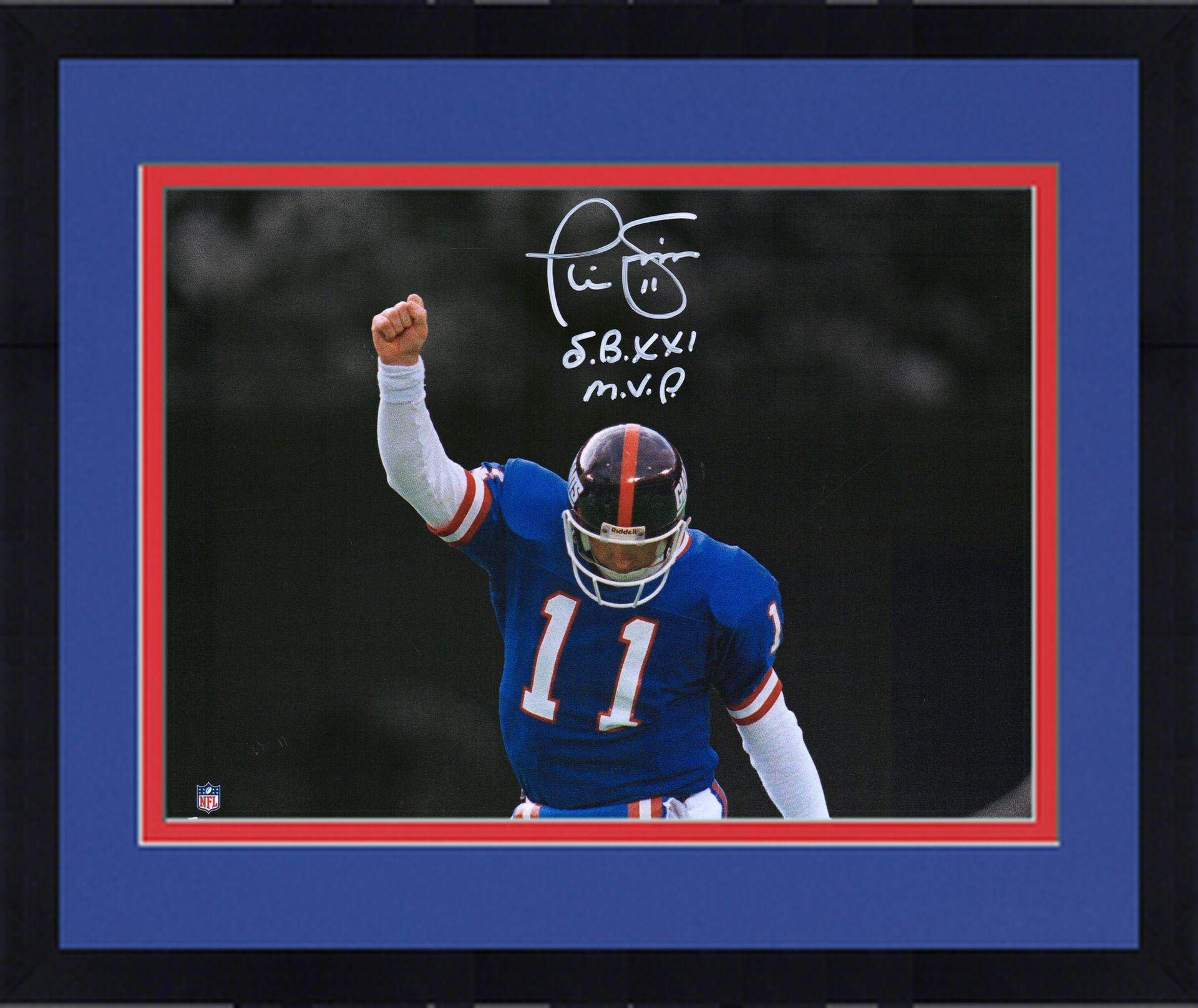Framed Phil Simms Autographed 11x14 New York Giants NFL Photo - SB XXI MVP Inscription, Signed Football Memorabilia - Perfect for Sports Fans, Man Cave Decor, and Collectors
