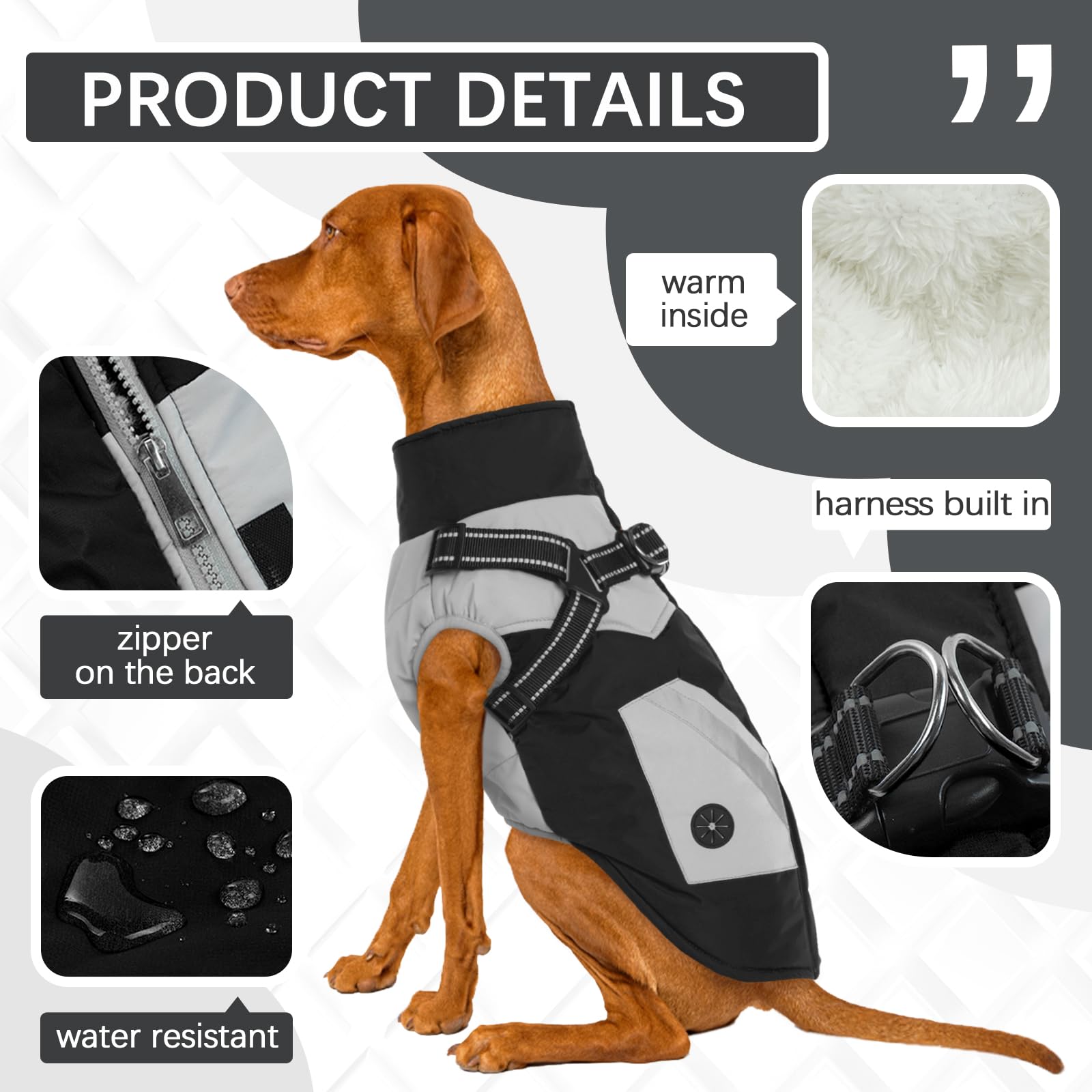 **FUAMEY Waterproof Reflective Dog Jacket with Built-in Harness & Zipper Back - Winter Snowsuit Coat for Medium Dogs, Black - Perfect for Outdoor Walks, Hiking & Cold Weather Protection**