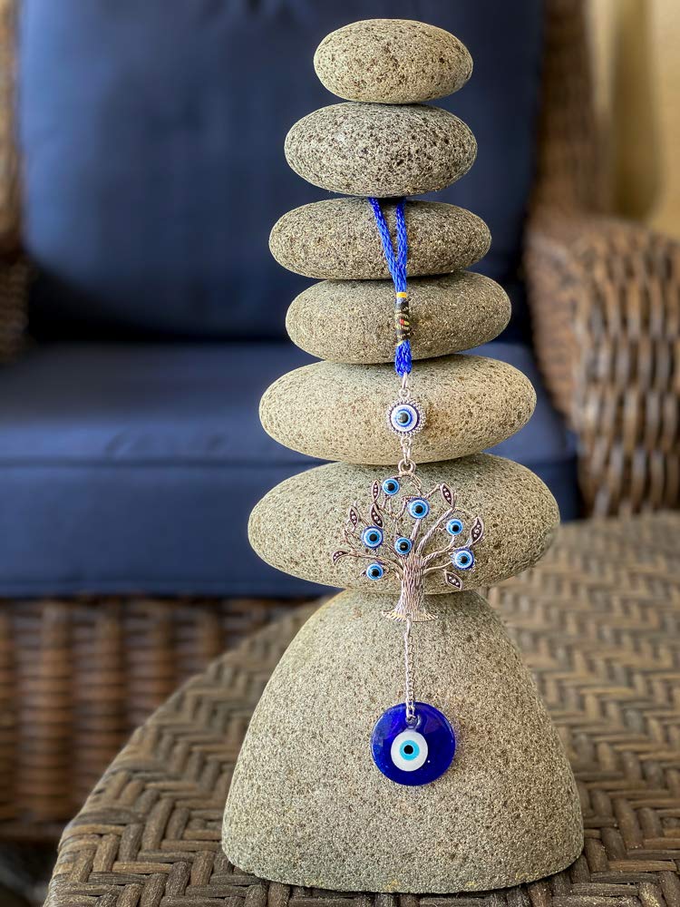 LUCKBOOSTIUM Blue Evil Eye Money Tree & Glass Evil Eye Wall Hanging - Spiritual Home Decor for Good Luck, Car Mirror Charm, Office Feng Shui Decorations (2.5” x 10”) | Bedroom, Living Room, Workspace Protection & Positive Energy