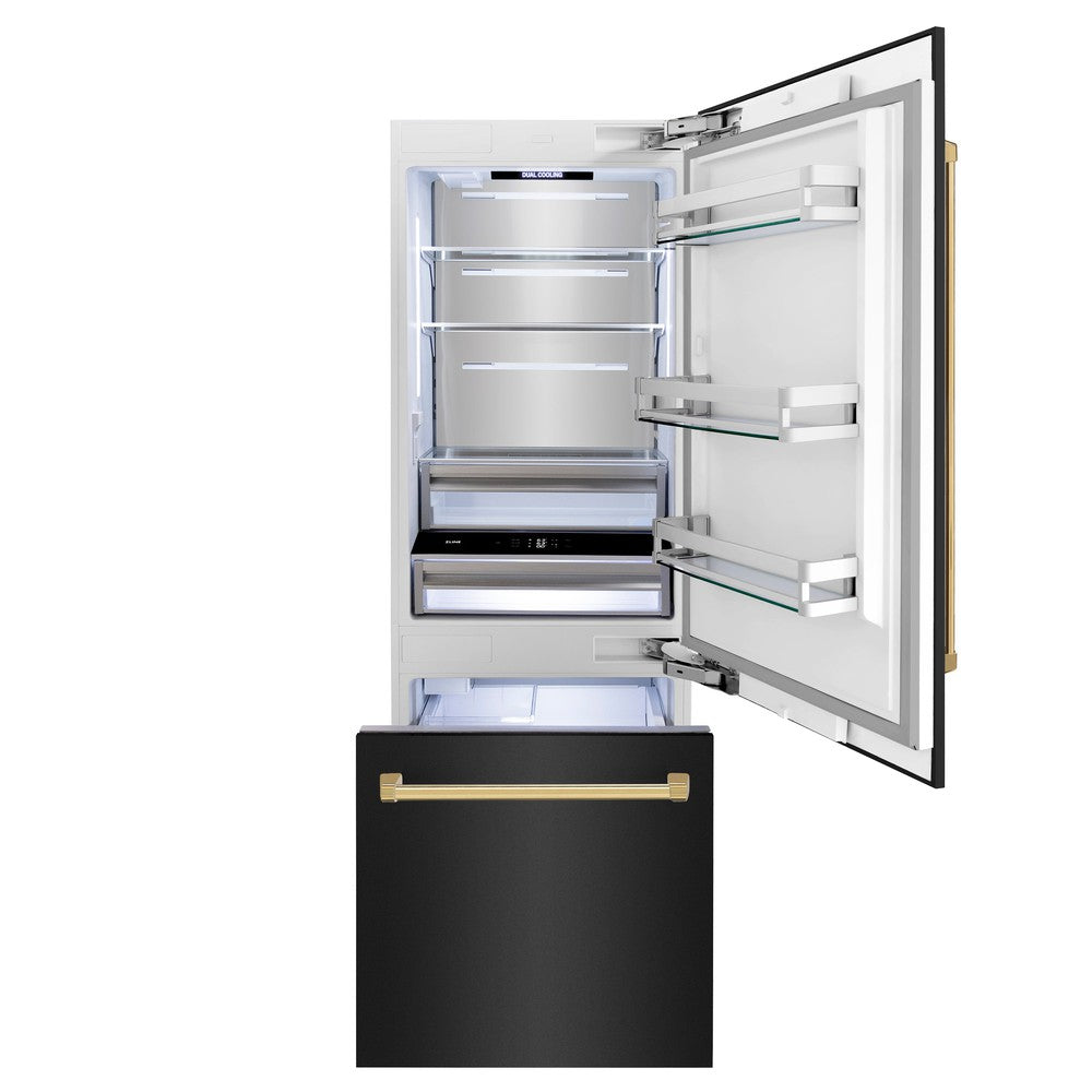 ZLINE Autograph Edition 30-Inch Built-In Bottom Freezer Refrigerator - 16.1 cu ft Capacity, Black Stainless Steel with Gold Accents, Water Dispenser & Ice Maker - Perfect for Modern Kitchens & Open-Concept Homes