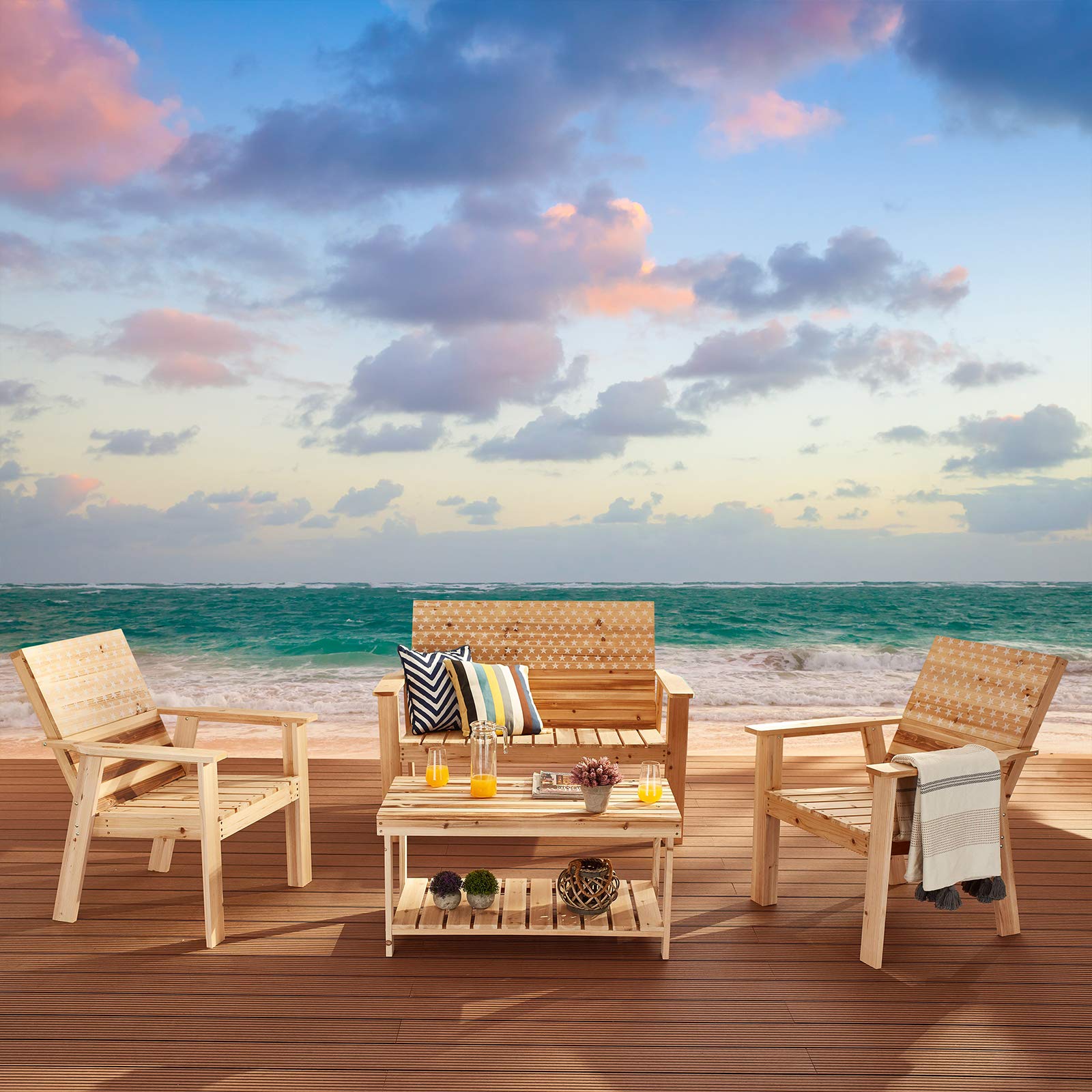 Patio Furniture Set 4-Piece Outdoor Conversation Set with Wood Armrest Loveseat, Lounge Chair, and Stars & Stripes Printed Coffee Table - Perfect for Backyard, Garden, Deck, and Poolside Relaxation