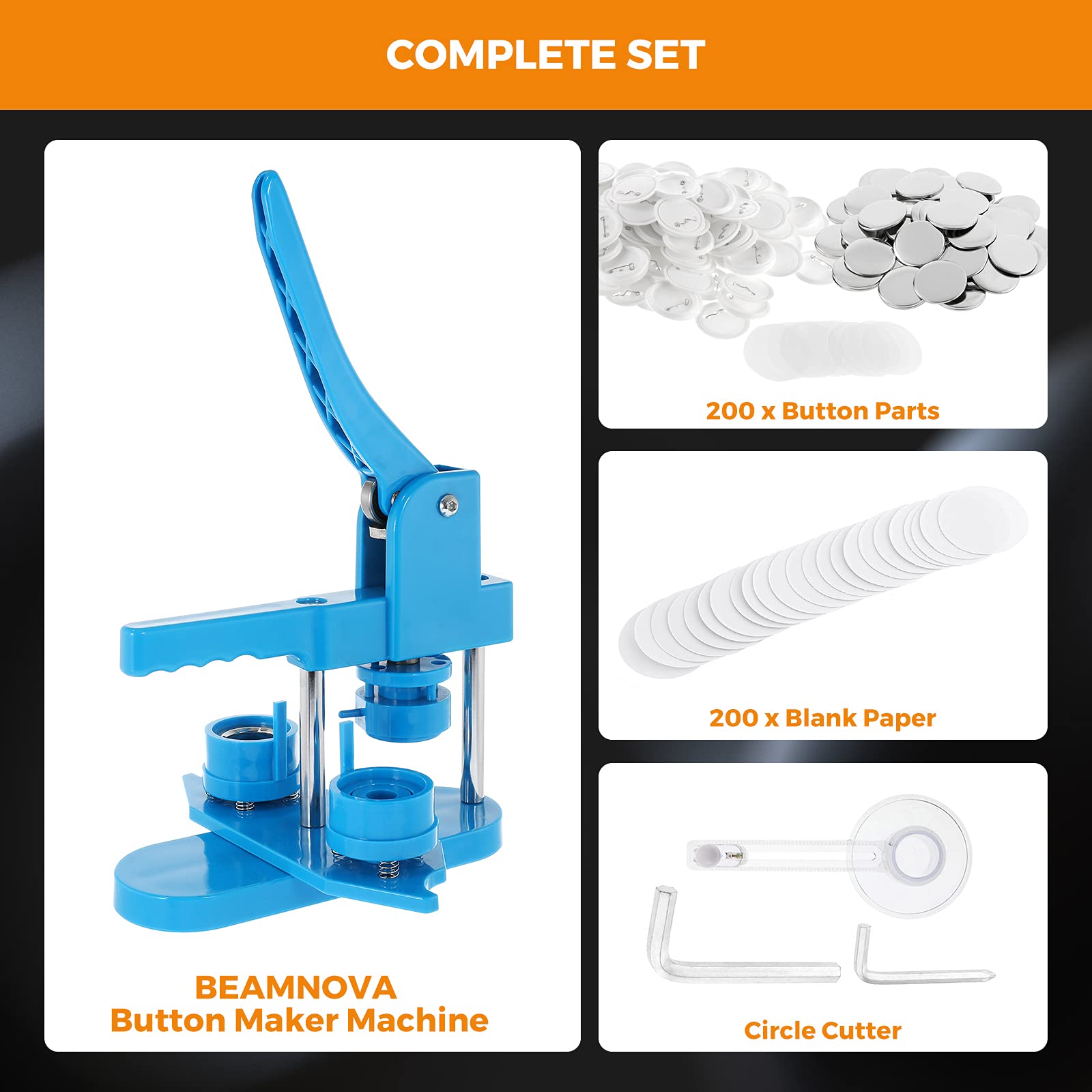 BEAMNOVA 32mm (1.26 Inch) Round Button Maker Machine Kit with 200 Button Parts - Rotary Style DIY Pin Badge Press for Crafts, Events & Promotions (Blue) - Perfect for Custom Pins, Fundraisers, School Projects & Business Branding