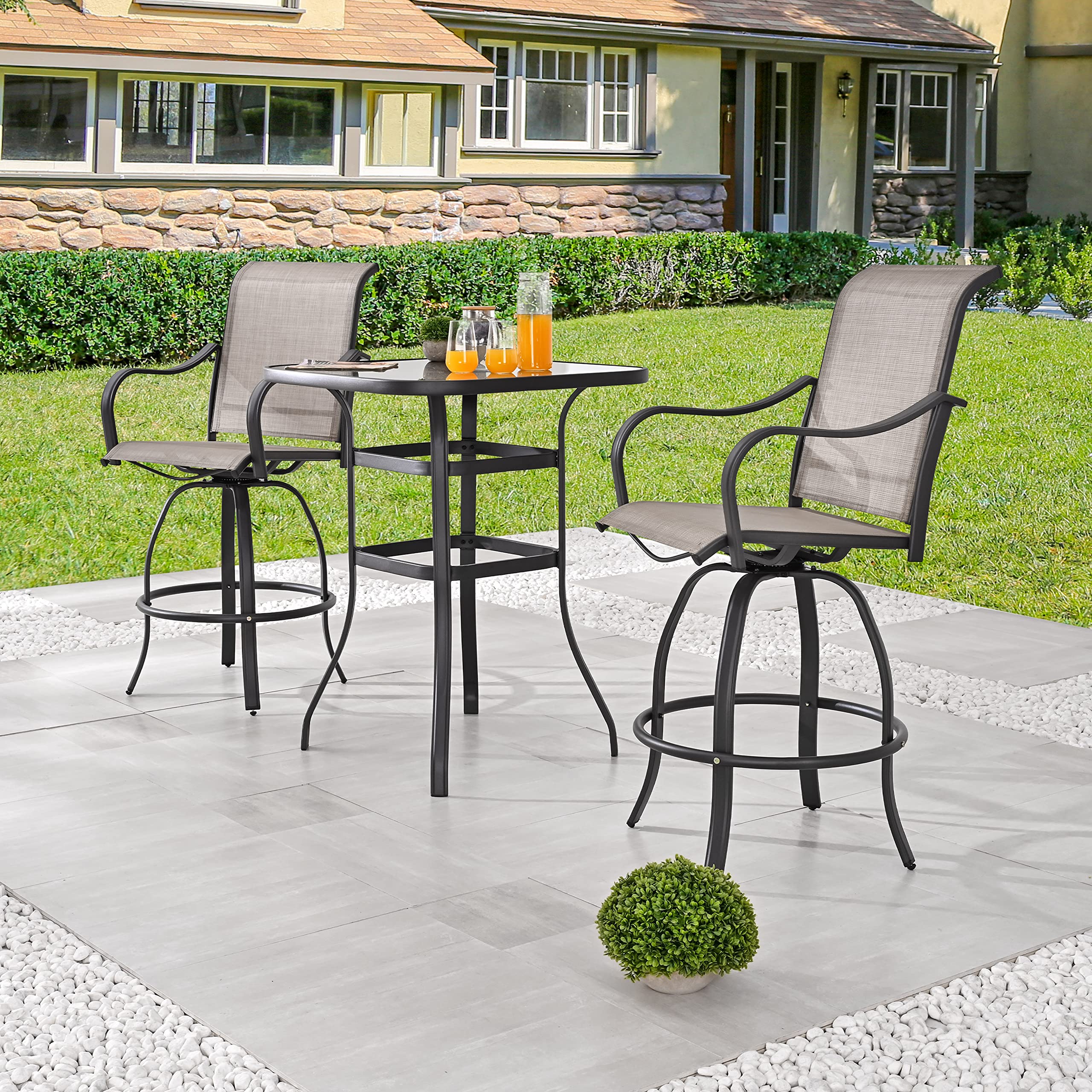 360° Swivel Bar Height Patio Bistro Set - 3-Piece Outdoor Furniture with Tempered Glass Table & Light Grey Chairs for Deck, Garden, or Poolside Relaxation