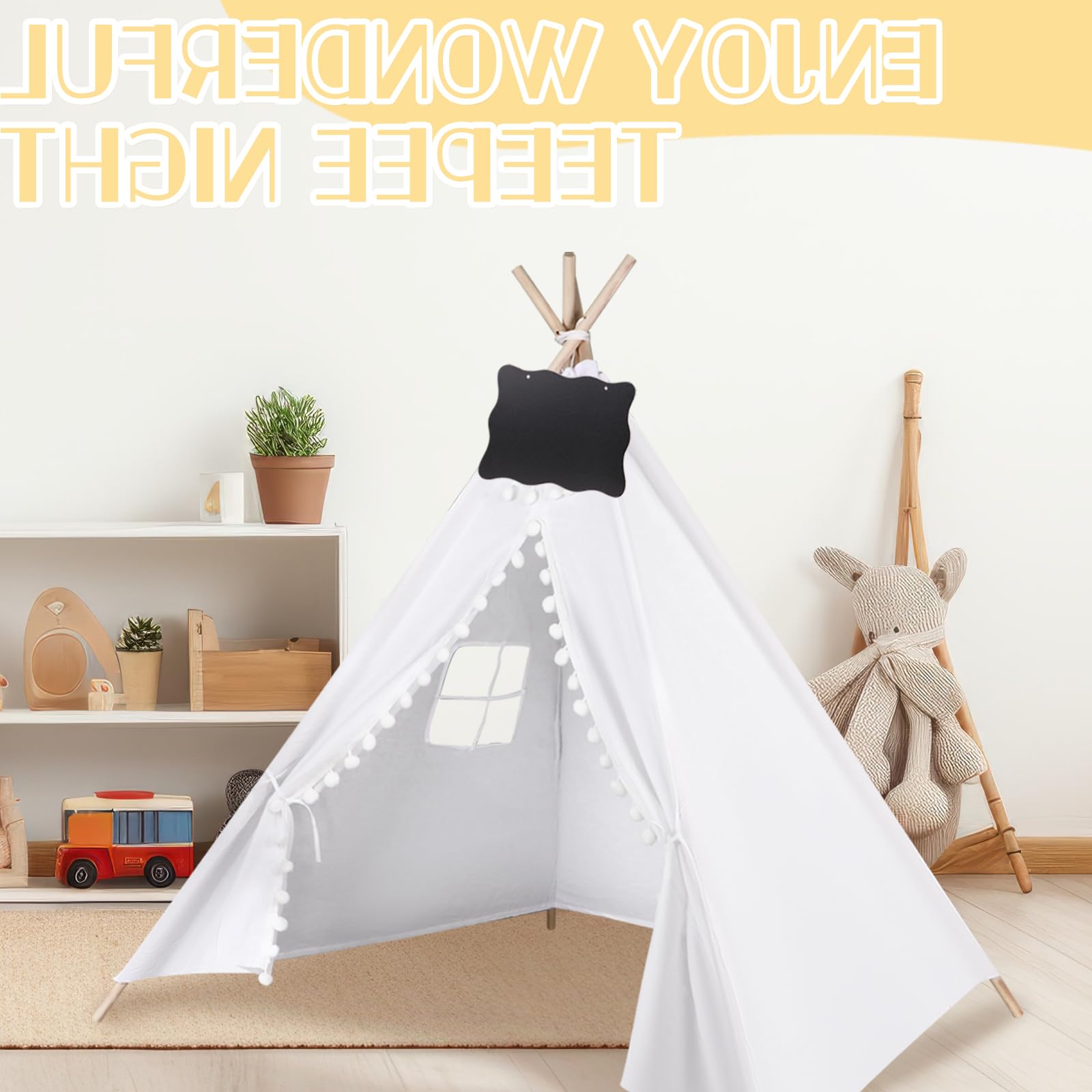 6 Pack Kids Teepee Tent with 10FT String Lights - Indoor/Outdoor Play Tent for Girls & Boys, Foldable Boho Tent for Birthday Parties, Sleepovers & Backyard Camping (White) - Perfect for Playrooms, Bedrooms & Outdoor Adventures