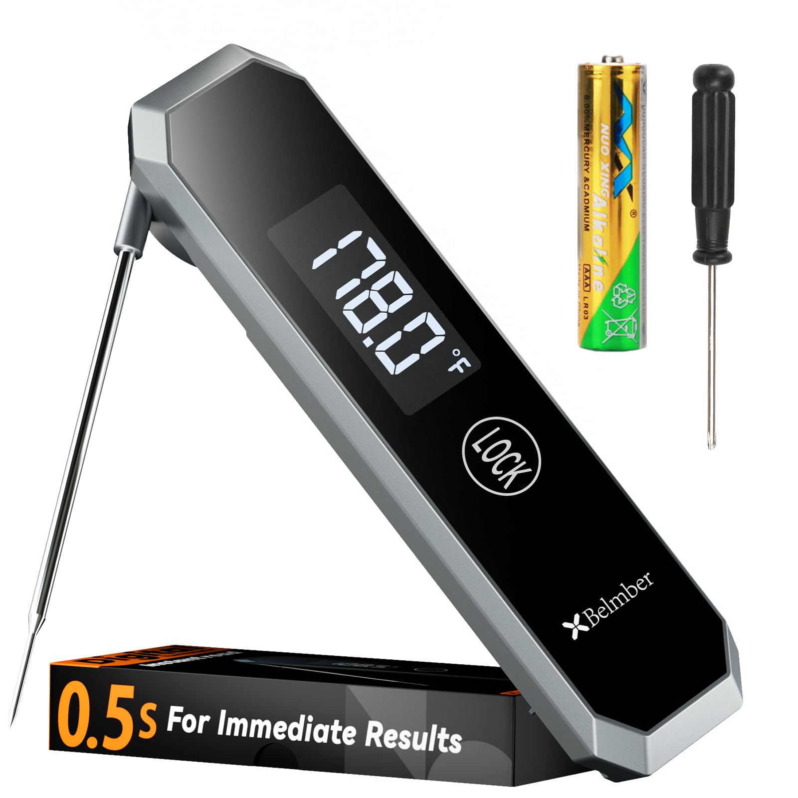 Digital Meat Thermometer - Instant Read 0.5 Sec with High Accuracy (±0.5°F) | 180° Rotating Display for Turkey, Beef, Lamb | Perfect for Roasting, Grilling, BBQ & Smoking | Kitchen, Outdoor Cooking & Food Safety Essential (Grey)