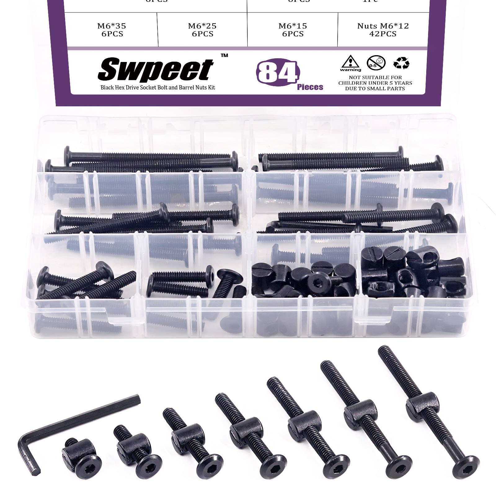 Swpeet 84Pcs M6 Crib Screws Kit with Allen Wrench - for Baby Beds & Furniture