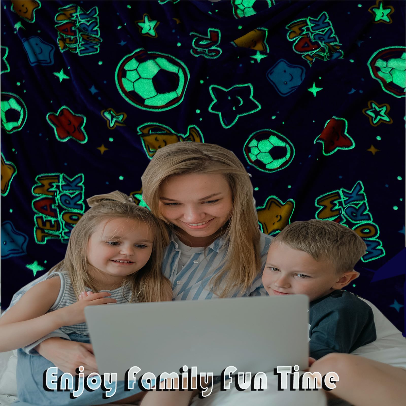 Glow in The Dark Soccer Throw Blanket - Soft Sports Themed Gift for Boys & Girls Ages 3-10 - Perfect Birthday Present, Friendship Gift & Soccer Party Decor for Kids, Teens, Men & Women - Cozy Bedroom, Game Night & Outdoor Camping Accessory