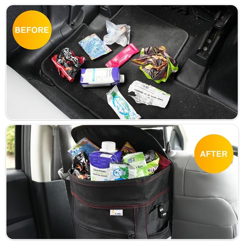 EcoNour Waterproof Hanging Car Trash Can with Lid & Storage Pockets - Removable Inner Bag for Easy Cleaning - Perfect for SUVs, Trucks, Vans & Road Trips | Keep Your Vehicle Clean & Organized | Black