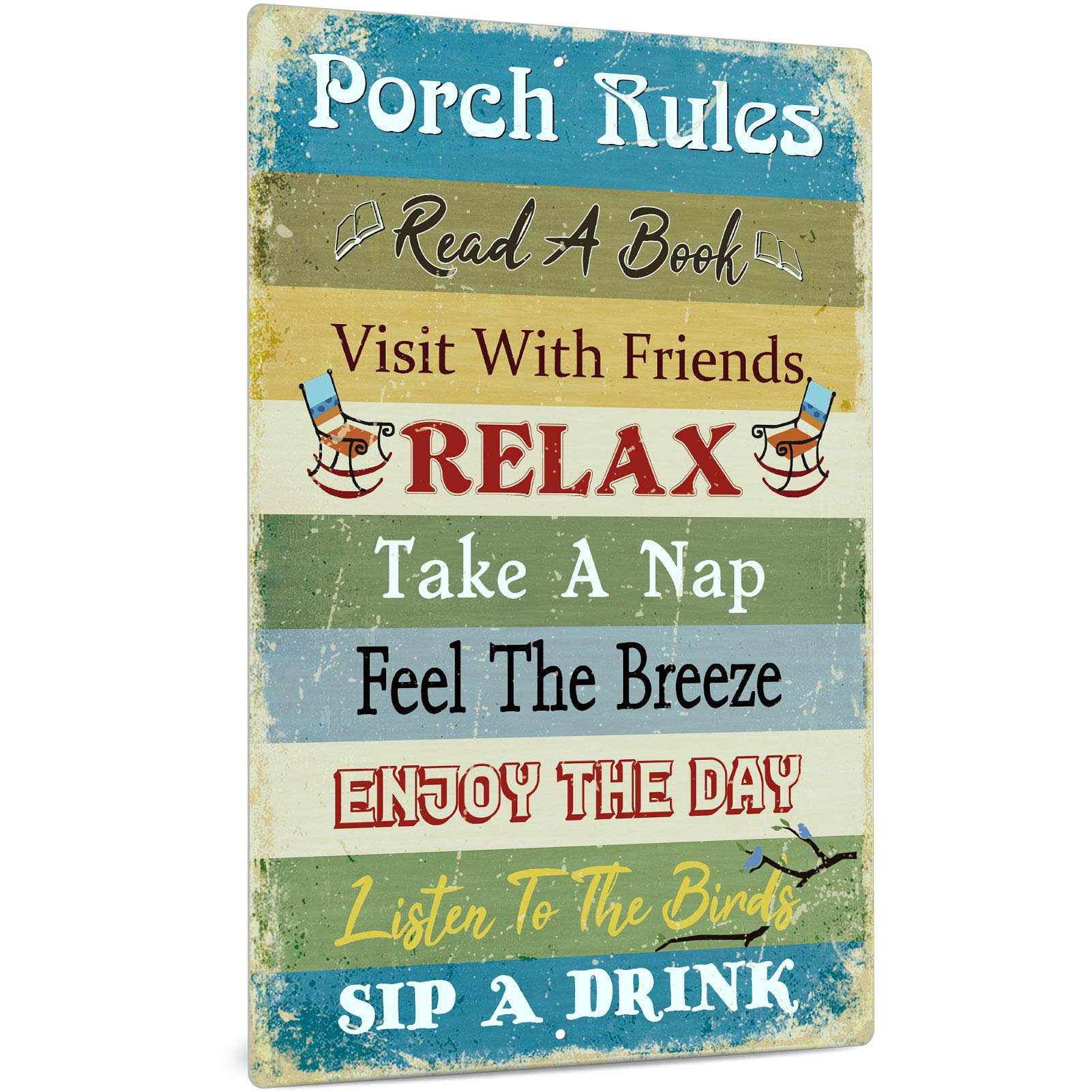 Porch Rules Sign - Aluminum Metal Wall Decor for Home, Bar, Farmhouse - Indoor/Outdoor Use