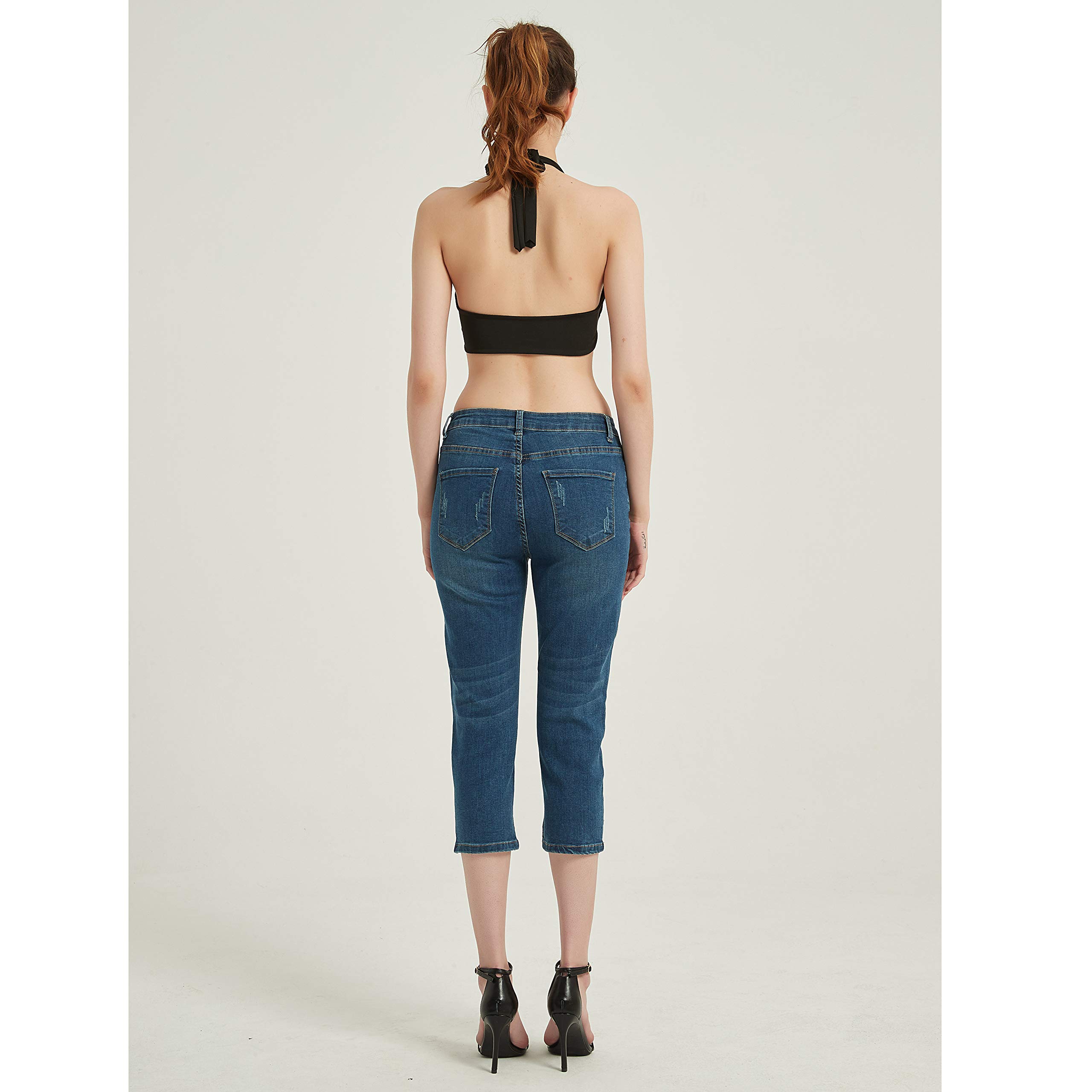 Lisskolo Women's Embroidered Stretch Skinny Capri Jeans - Mid-Rise Cropped Denim Pants for Casual Wear & Summer Outfits