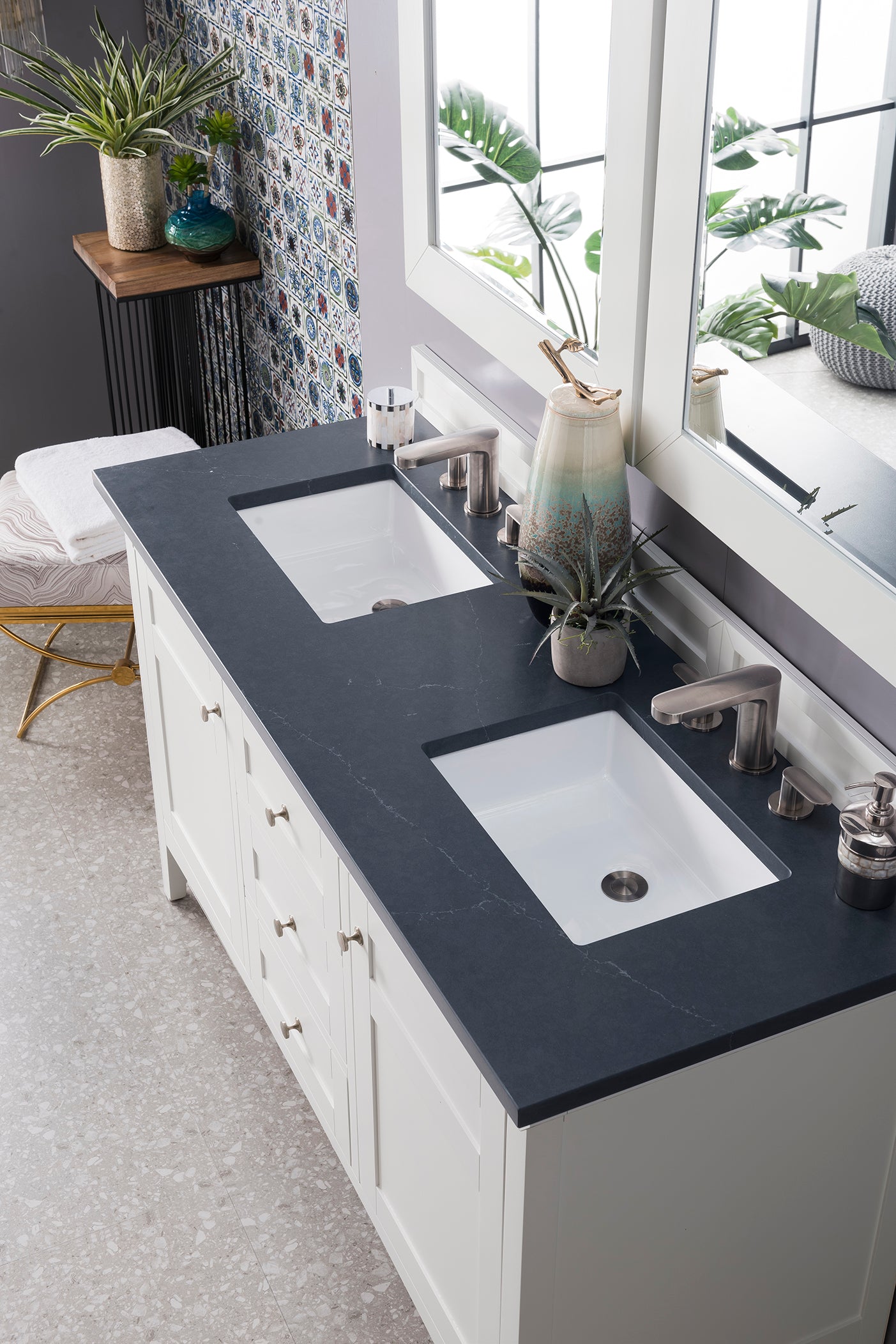 Palisades 60 Inch Double Bathroom Vanity with 3CM Charcoal Soapstone Quartz Countertop in Bright White - Perfect for Master Bathroom Renovation and Modern Home Decor