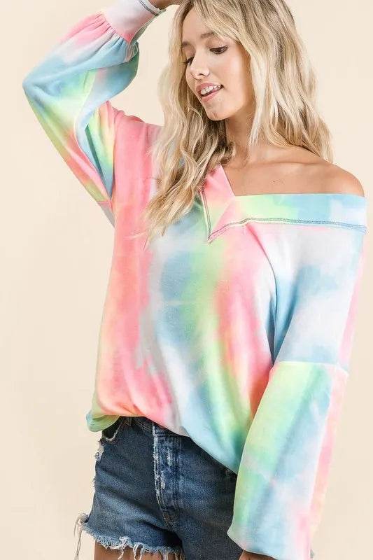 Bibi Tie Dye French Terry V-Neck Top with Puff Sleeves in Pink Multi | Women's Casual Boho Blouse | Perfect for Summer Outfits, Beach Wear & Music Festivals