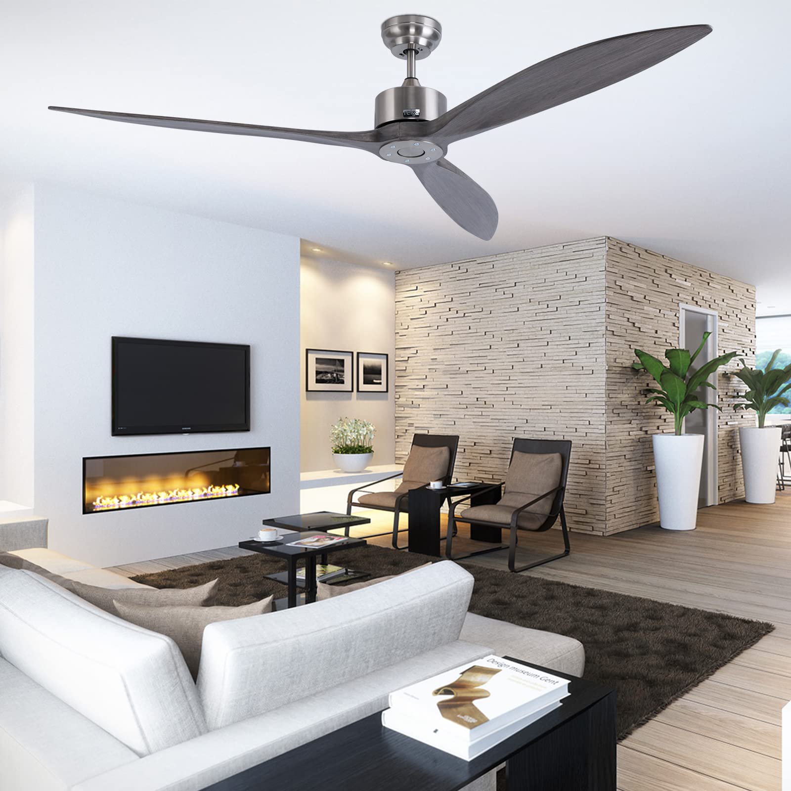 Reiga 65 Inch Wood Blade Ceiling Fan with Remote Control - Quiet DC Motor, No Light - Perfect for Living Room, Bedroom, and Outdoor Patio