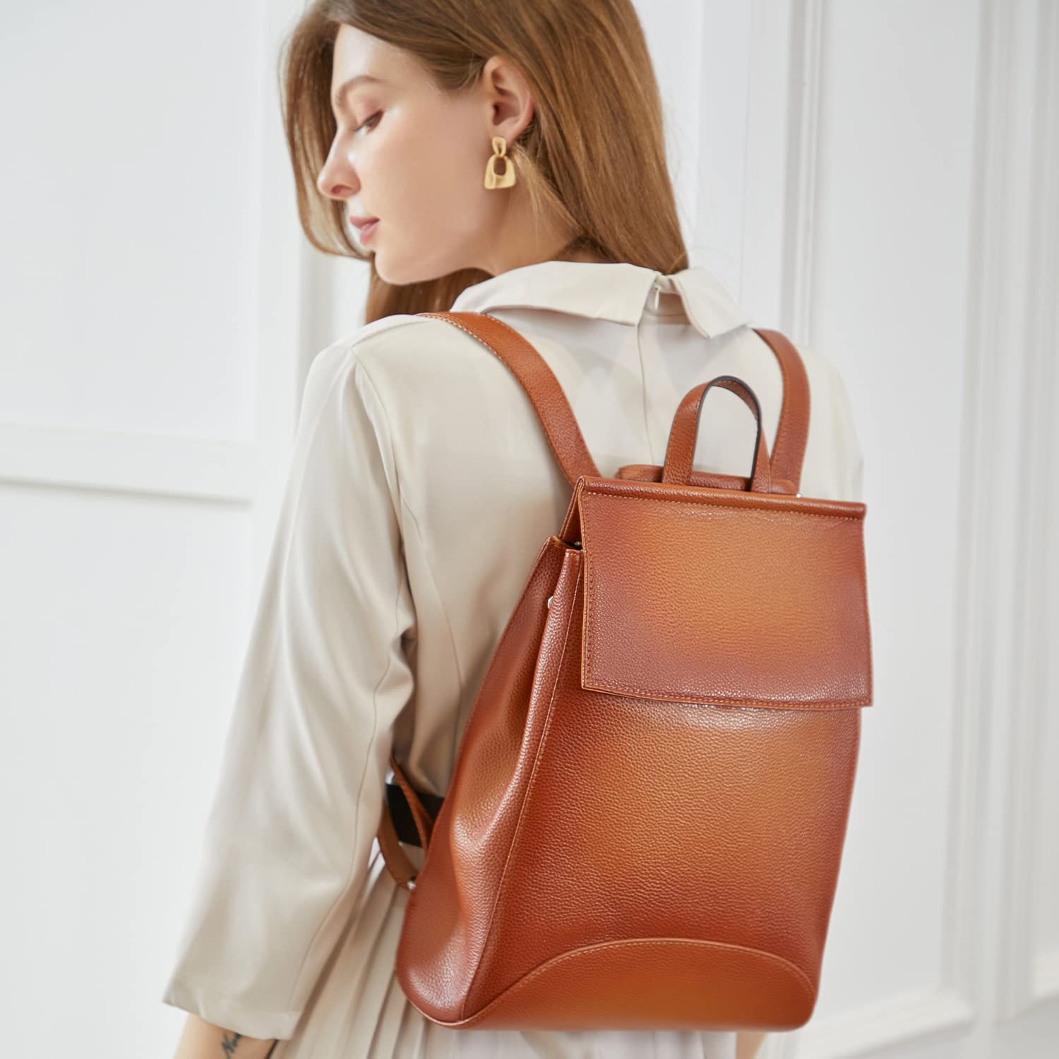 Genuine Leather Backpack Purse for Women - Lightweight Convertible Work Bag (Sorrel) - Office & Travel Use