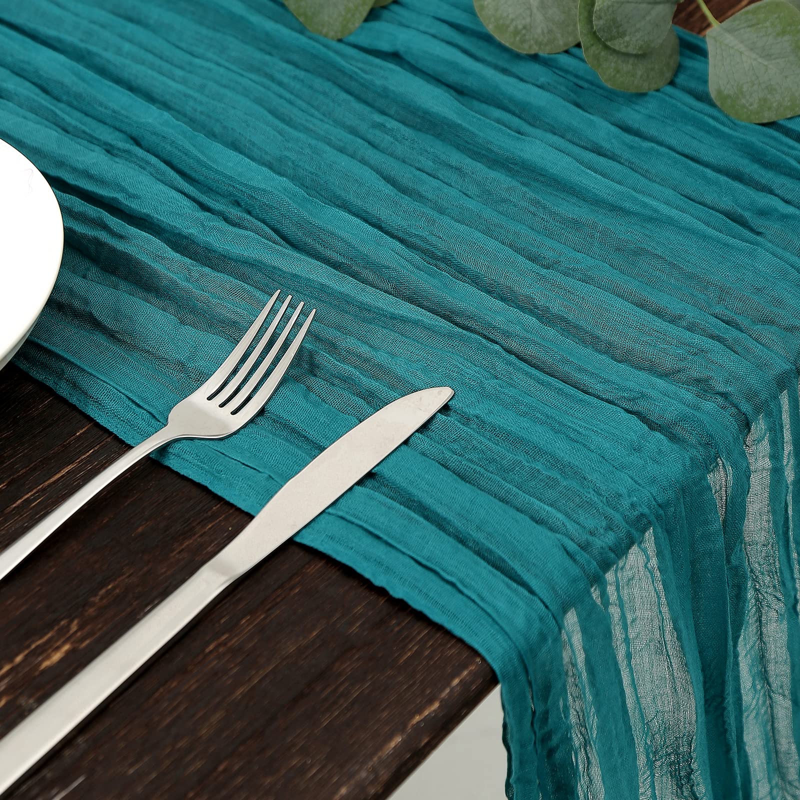 8PCS Teal Cheesecloth Table Runner Set - 13.3ft Boho Gauze Fabric, Rustic Sheer Table Decor (160 Inches Long) for Wedding, Bridal Shower, Baby Shower, Birthday Party, Cake Table & Home Decorations