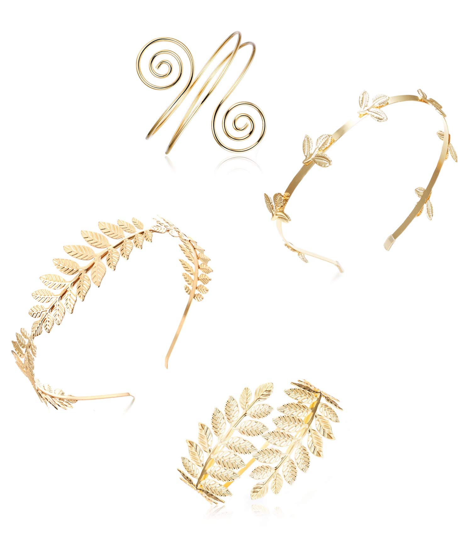 Finrezio 4PCS Greek Goddess Headband & Arm Cuff Set - Roman Laurel Leaf Crown & Adjustable Armlet Bracelet for Bridal, Wedding, Cosplay & Costume Parties
