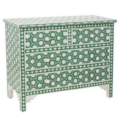 Handmade Bone Inlay 4-Drawer Dresser - Vintage Boho Bedroom Storage Furniture for Clothes, Jewelry & Linens | Perfect for Master Bedroom, Guest Room & Apartment Decor