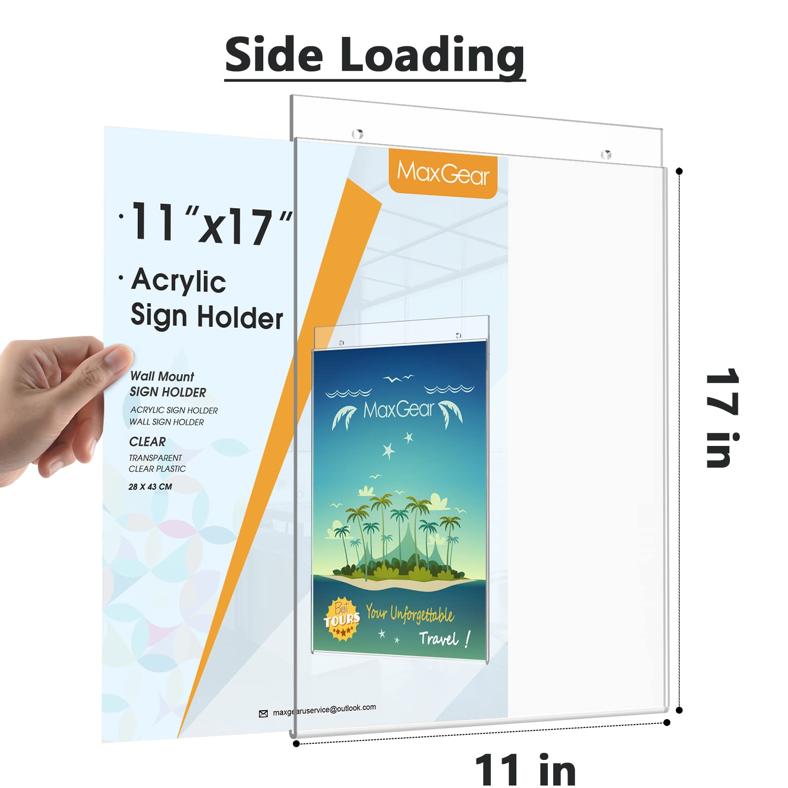 MaxGear 11x17 Inch Clear Acrylic Wall Sign Holder Set with Screws - Durable Plastic Sign Frame for Office, Home, Store, Restaurant & Outdoor Use - Perfect for Menu Boards, Price Displays & Directional Signs