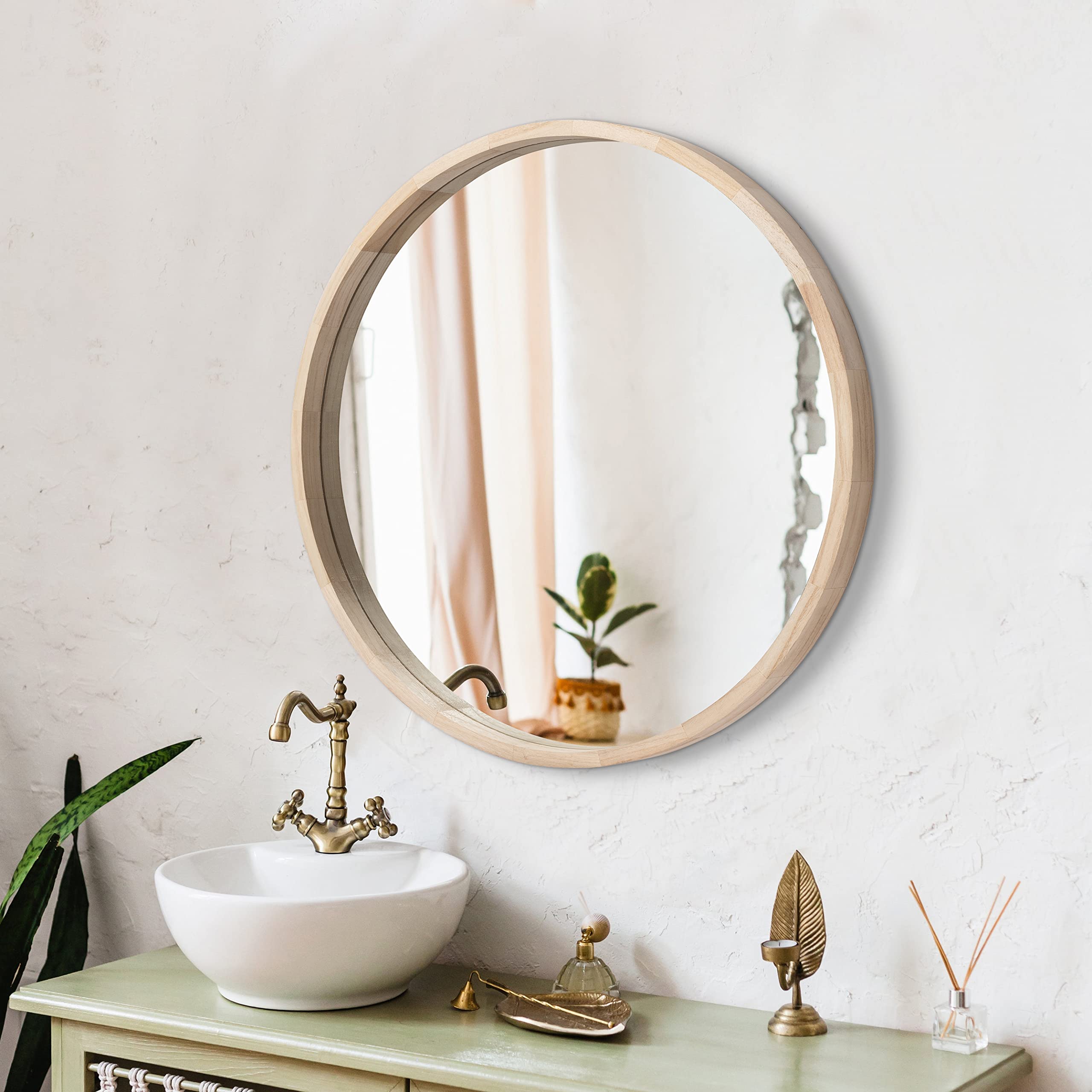 30 Inch Round Wood Mirror - Farmhouse Wall Decor for Living Room, Bathroom & Bedroom - Handcrafted Wooden Framed Circle Mirror for Vanity & Home Decor