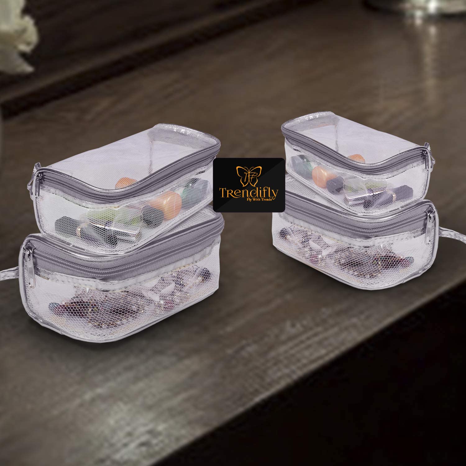 Trendifly 4-Piece Clear Waterproof Travel Cosmetic Organizer Set - Nylon Makeup Pouch & Jewelry Storage Bag for Women (Grey Transparent) | TSA Approved Carry-On Toiletry Bag for Airplane, Gym, Beach & College | Perfect for Organizing Skincare, Makeup Brushes, Hair Accessories & Daily Essentials | Great for Travel, Home Vanity & On-the-Go Organization