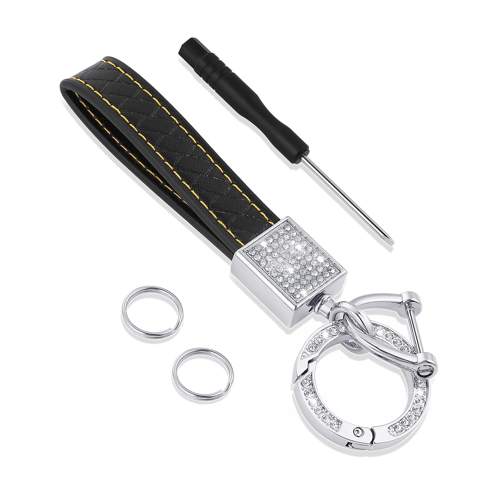 Premium Leather Car Keychain with Sparkly Key Fob - Universal Rotatable Key Holder for Men & Women | Anti-Lost D-Ring, 2 Key Rings & Built-in Screwdriver | Perfect for Car Keys, House Keys & Everyday Carry (EDC) Accessories