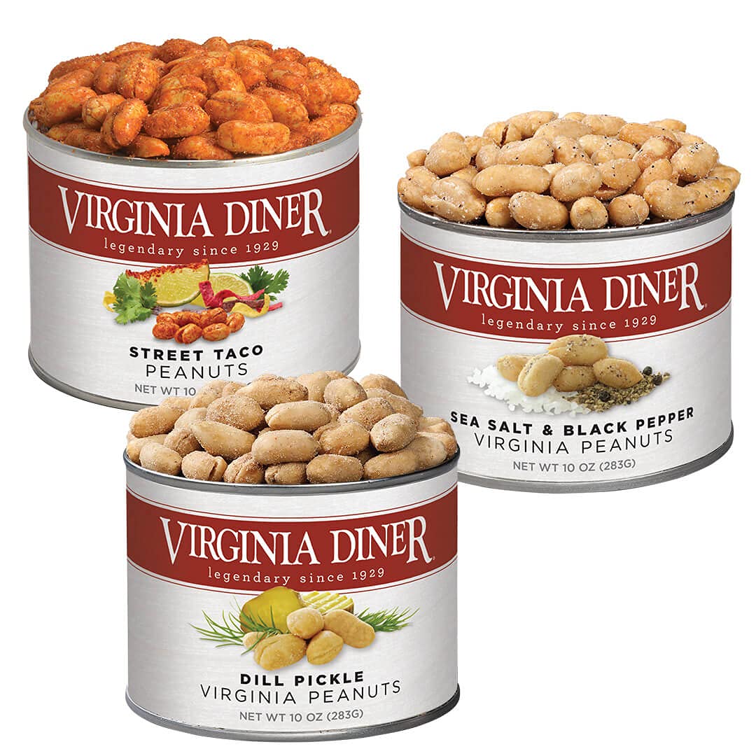 Virginia Diner Simply Savory Trio Gift Set - 3 Pack (Street Taco Peanuts, Sea Salt & Black Pepper Peanuts, Dill Pickle Peanuts) - 10oz Cans Each - Perfect for Snacking, Gifts & Party Favors