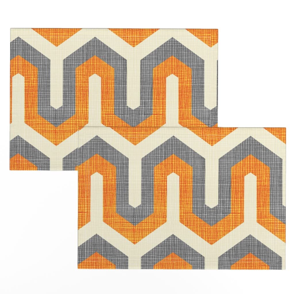 Linen Cotton Canvas Placemats Set of 2 - Cream Orange Geometric Gray Chevron Greek Print Table Mats for Dining Room, Kitchen & Home Decor