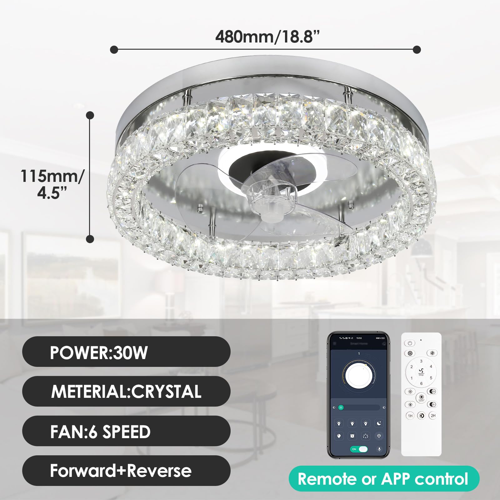 CLAIRDAI Modern Crystal Flush Mount Ceiling Fan with Lights - Remote Control, Dimmable LED Fandelier, Low Profile Design (Chrome) - Perfect for Bedroom, Living Room & Dining Room Lighting