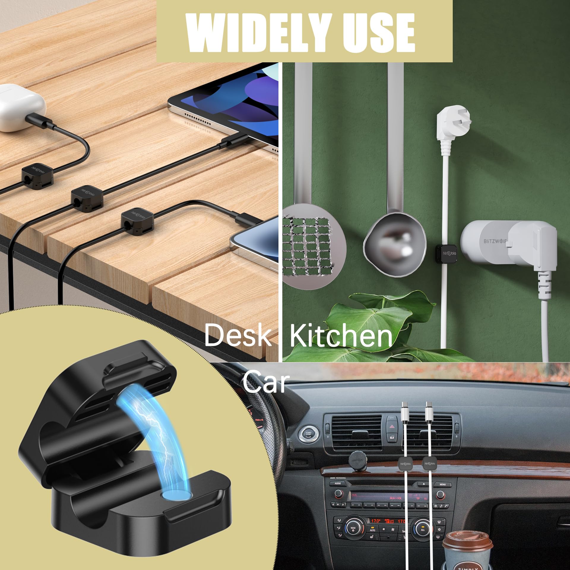 6 Pack Magnetic Cable Clips - Strong Adhesive Wire Organizers for Desk & Home Office Cable Management - Mini Cord Holders for Phone Charger, Headphones, USB Cables - Perfect for Car, Nightstand, Workstation (Black)