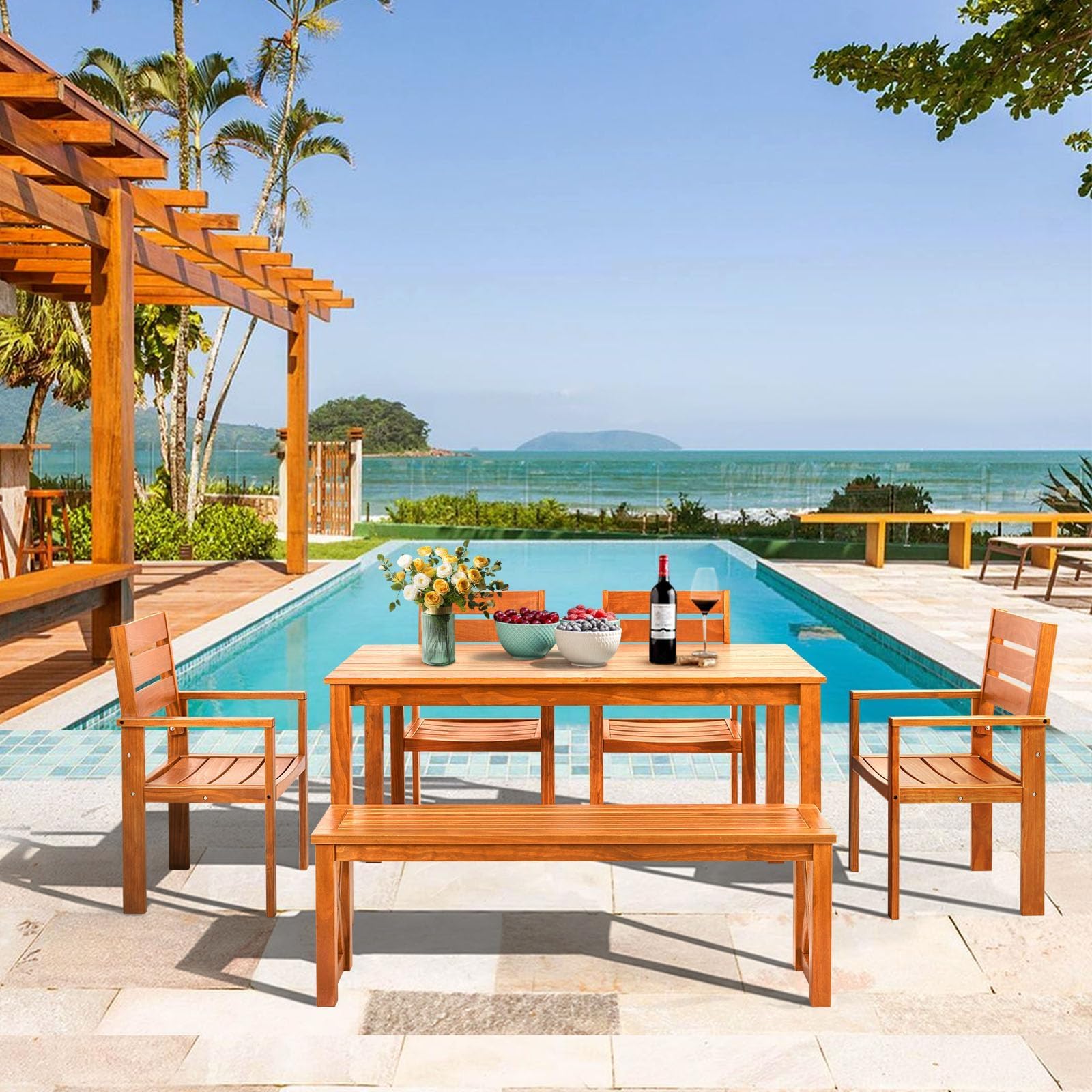 YOLENY 6-Piece Teak Solid Wood Patio Dining Set - Indoor & Outdoor Wooden Furniture for Backyard, Lawn, Garden - Perfect for Outdoor Entertaining & Relaxation