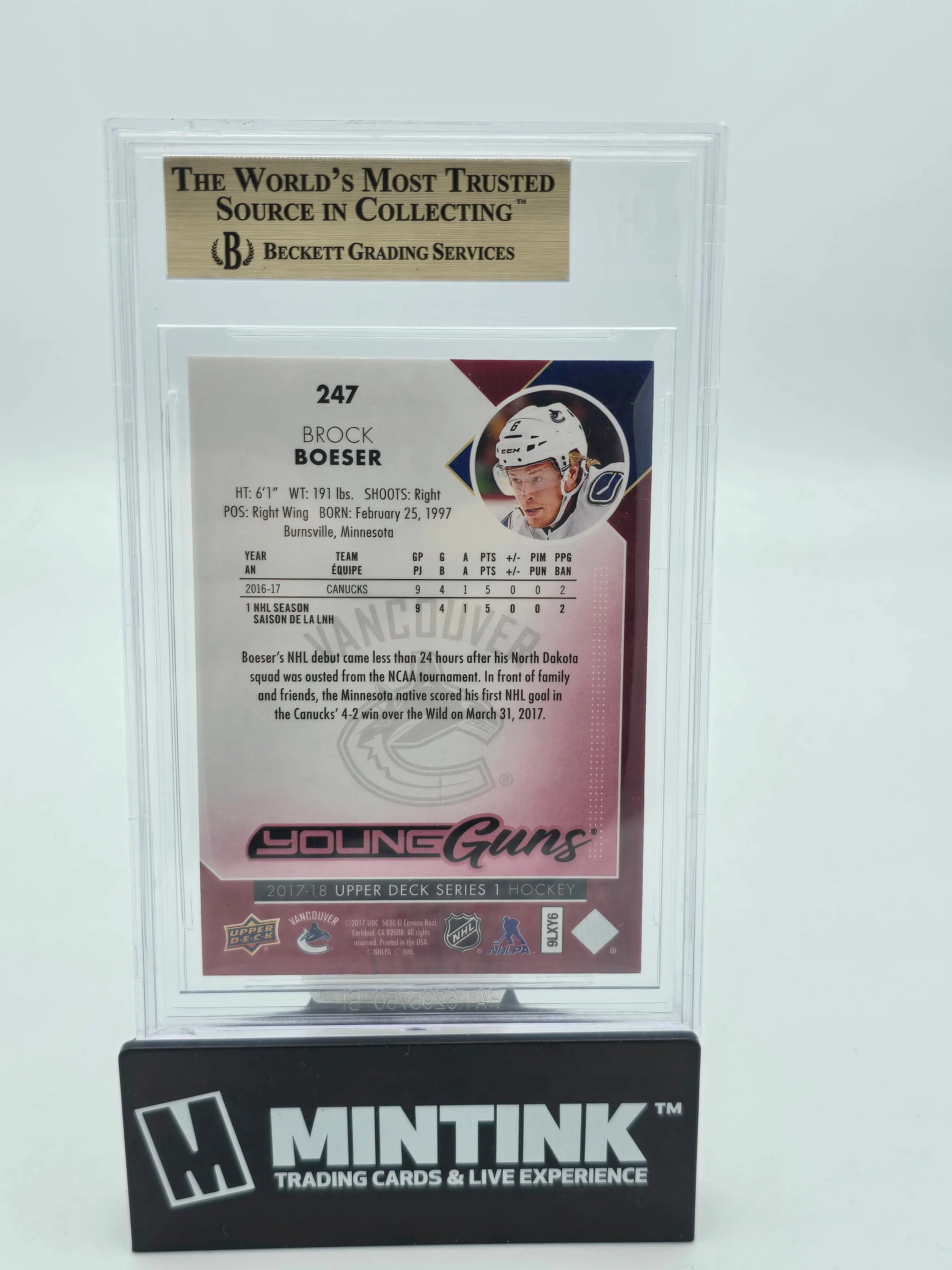 2017 Upper Deck Series 1 UD Exclusives Brock Boeser Young Guns Rookie Card BGS 9.5 /100 - Rare Hockey Collectible for Sports Memorabilia Fans & NHL Card Collectors - Perfect for Display, Investment, and Trading