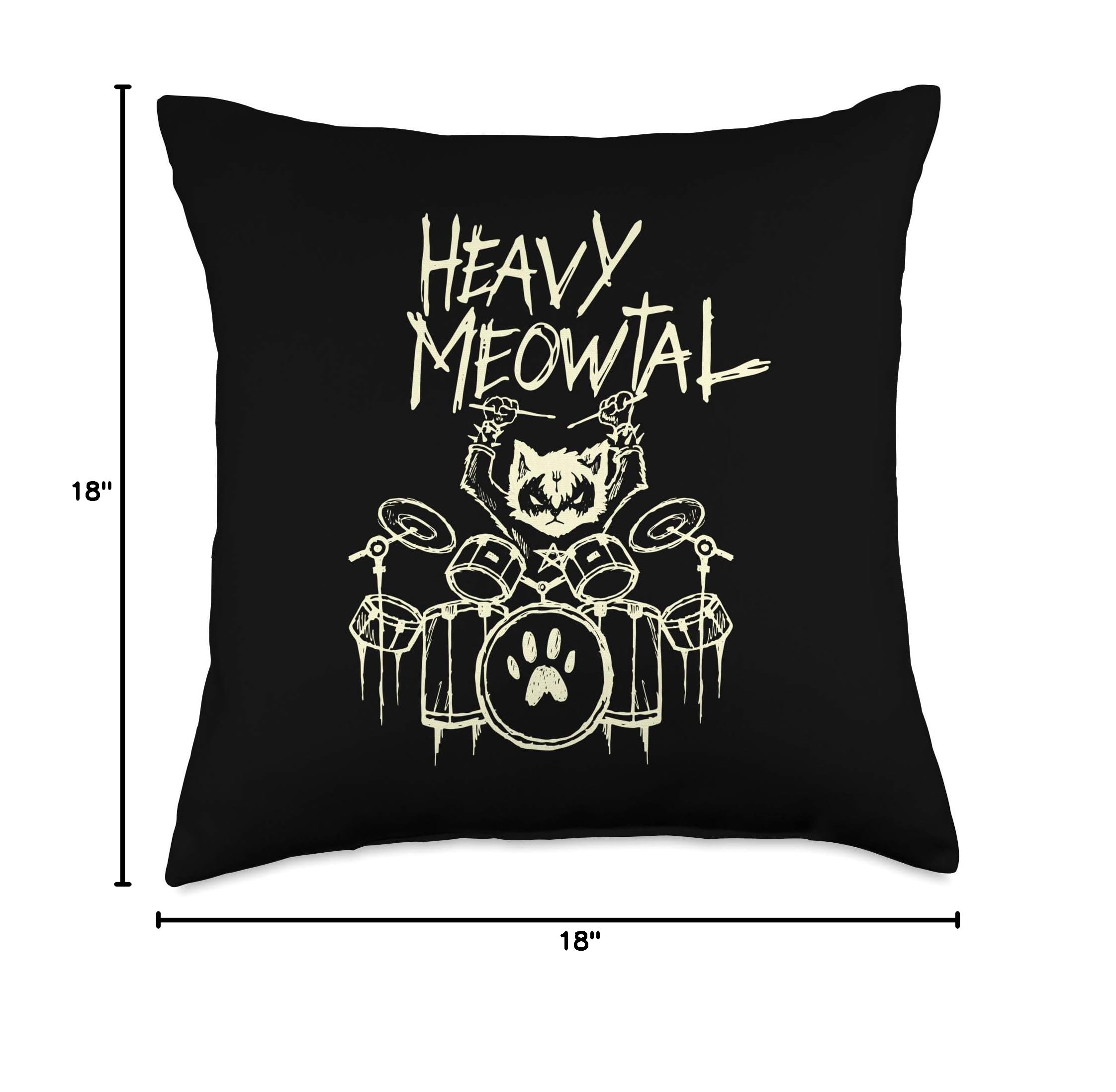Heavy Metal Cat Drum Kit Throw Pillow - Funny Cat Drummer Headbanger Cushion for Music Lovers, Perfect for Bedroom, Living Room & Band Themed Decor